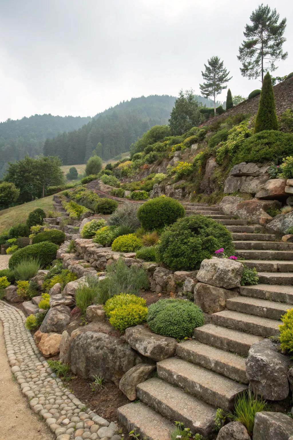 Make the most of slopes using layered stone gardens.