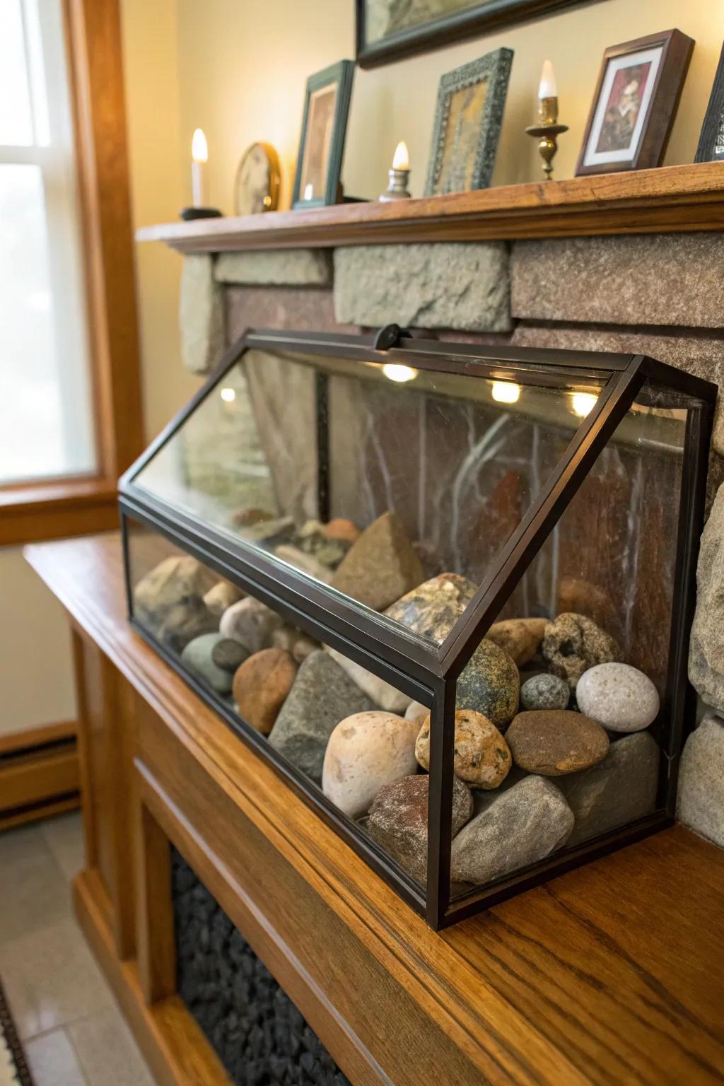 A presentation enclosure showcasing and safeguarding stones