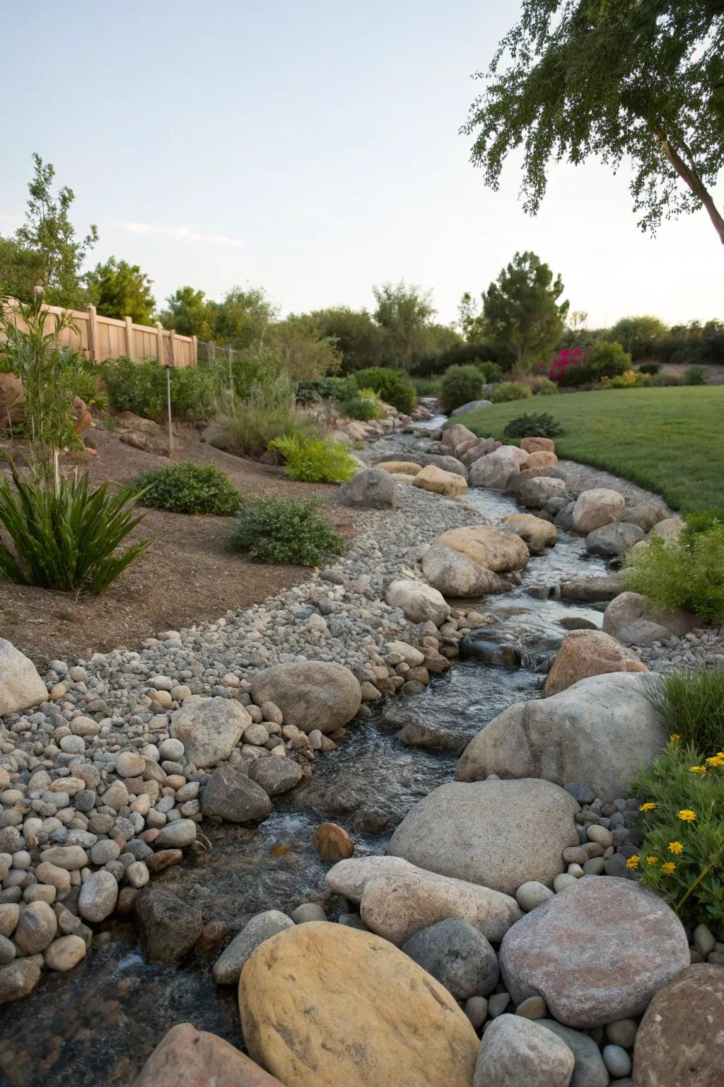 A dry creek bed feature adding texture and function to the garden.