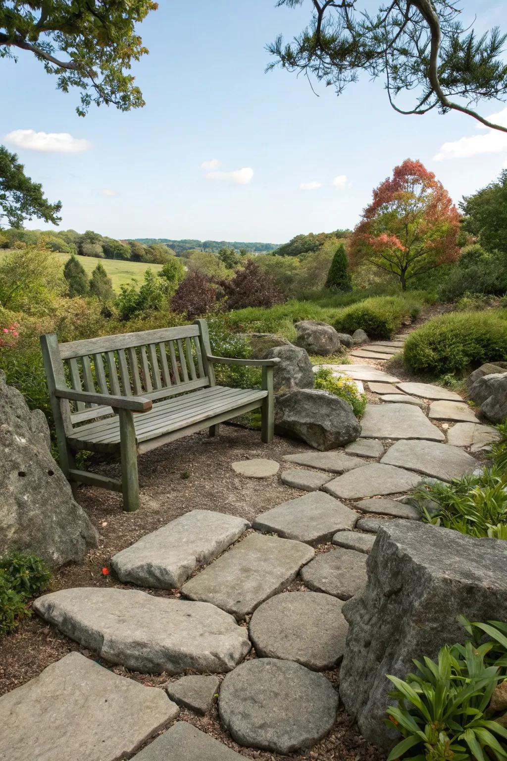 A peaceful lounging spot tucked in a rock garden.