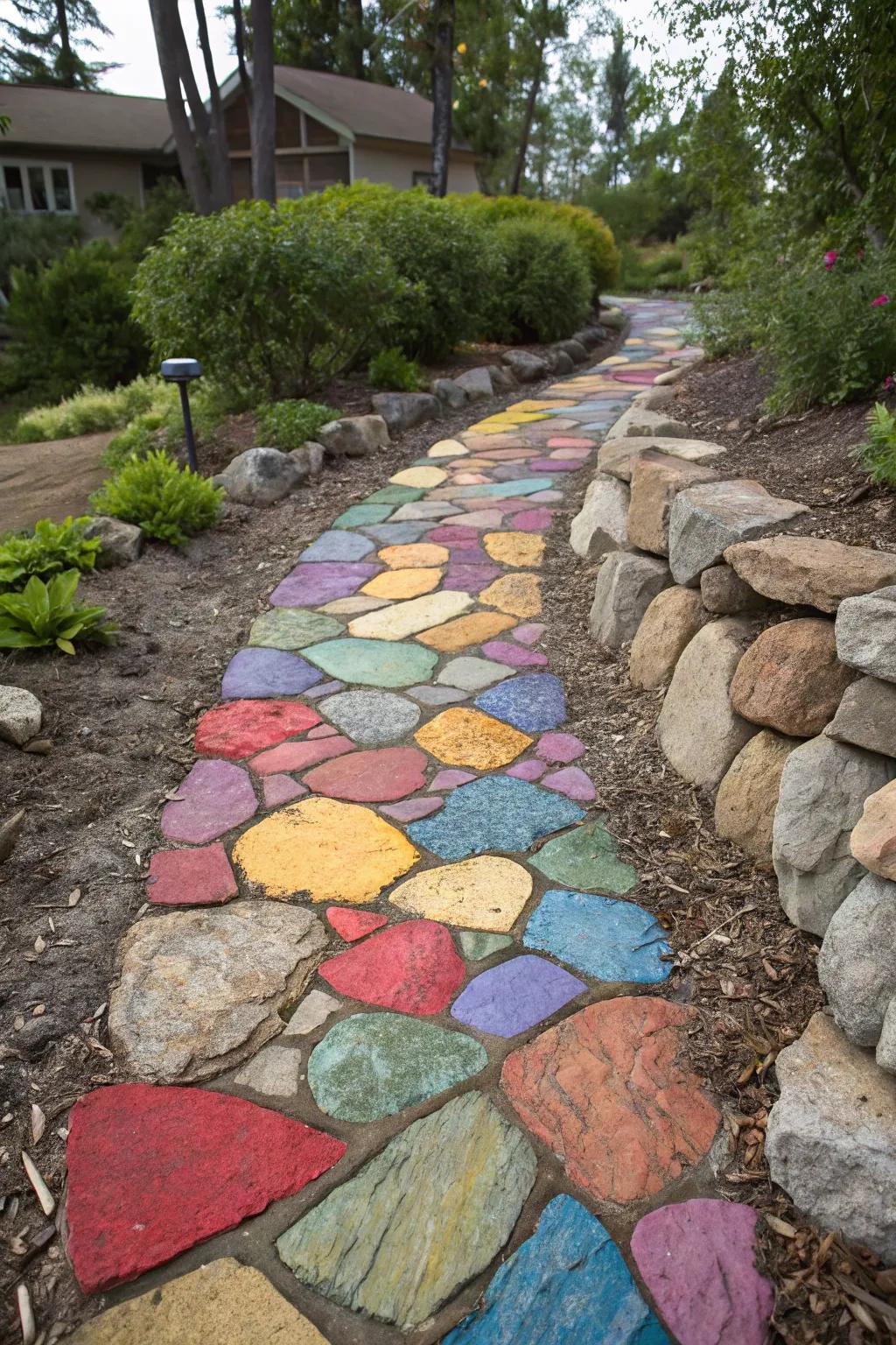 A patchwork of colorful stones fashions a vibrant and eye-catching path.