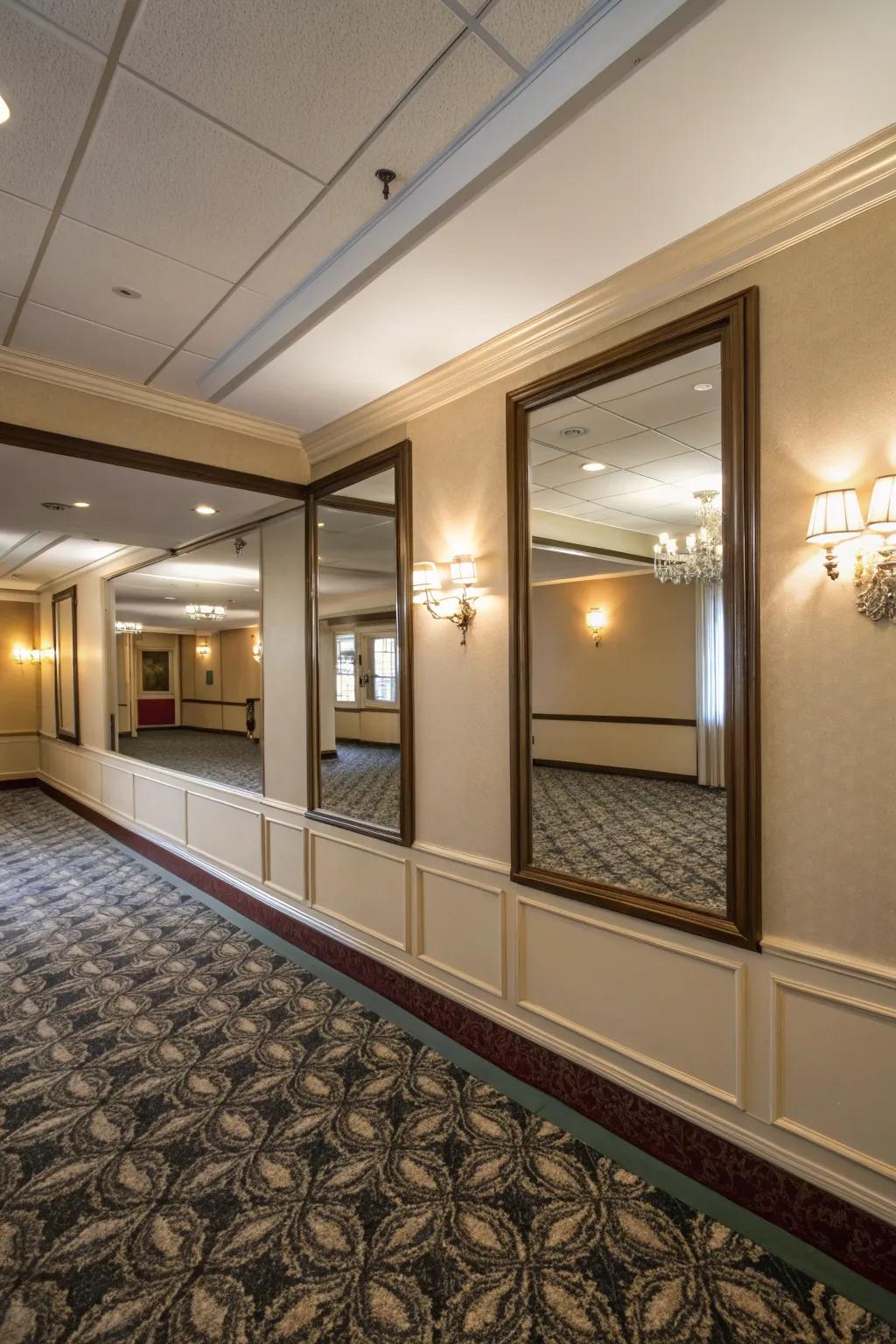 A small room featuring a mirrored half wall that amplifies space and light.