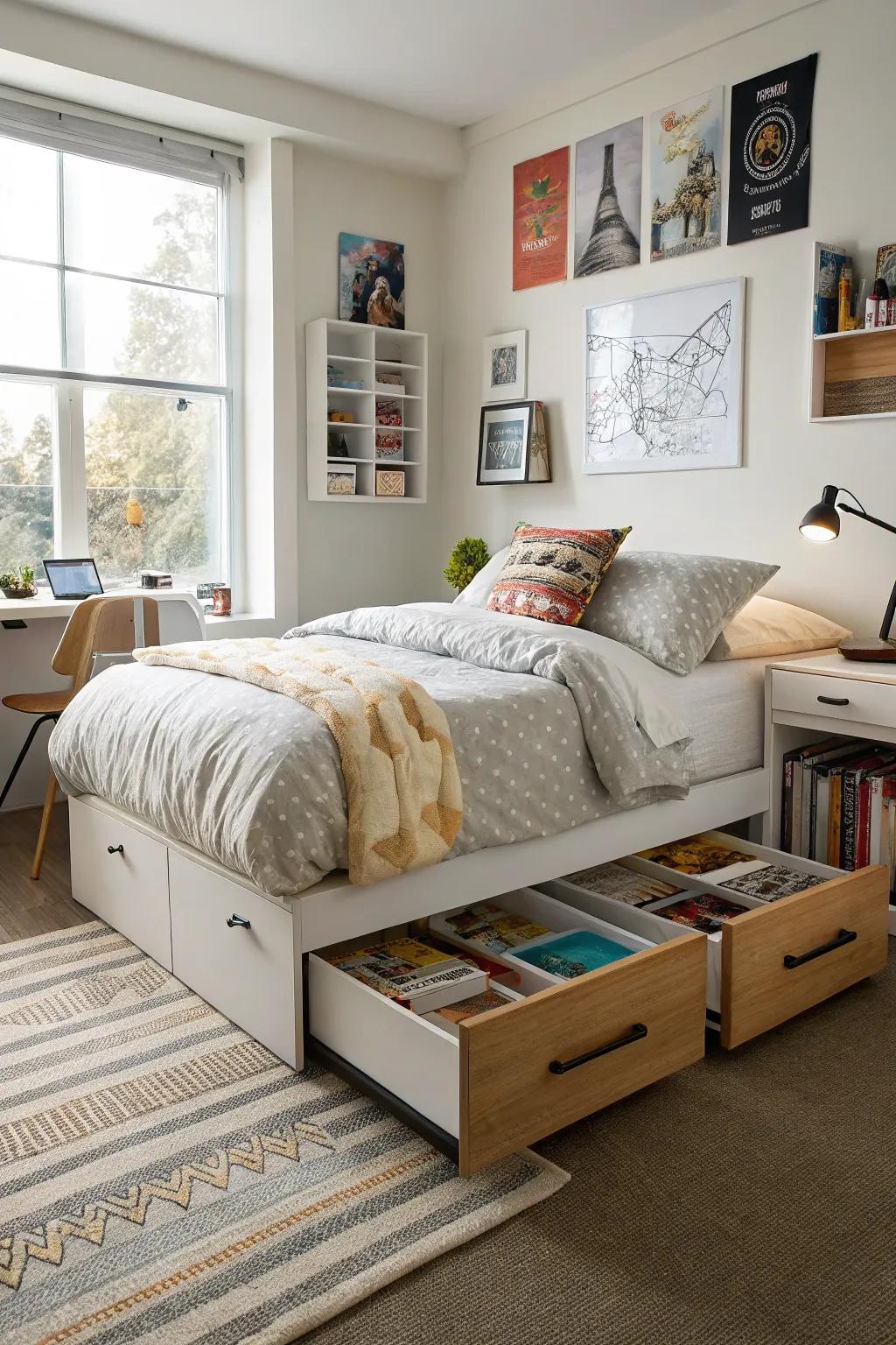 Clever storage options maintain the room structured and clutter-free.
