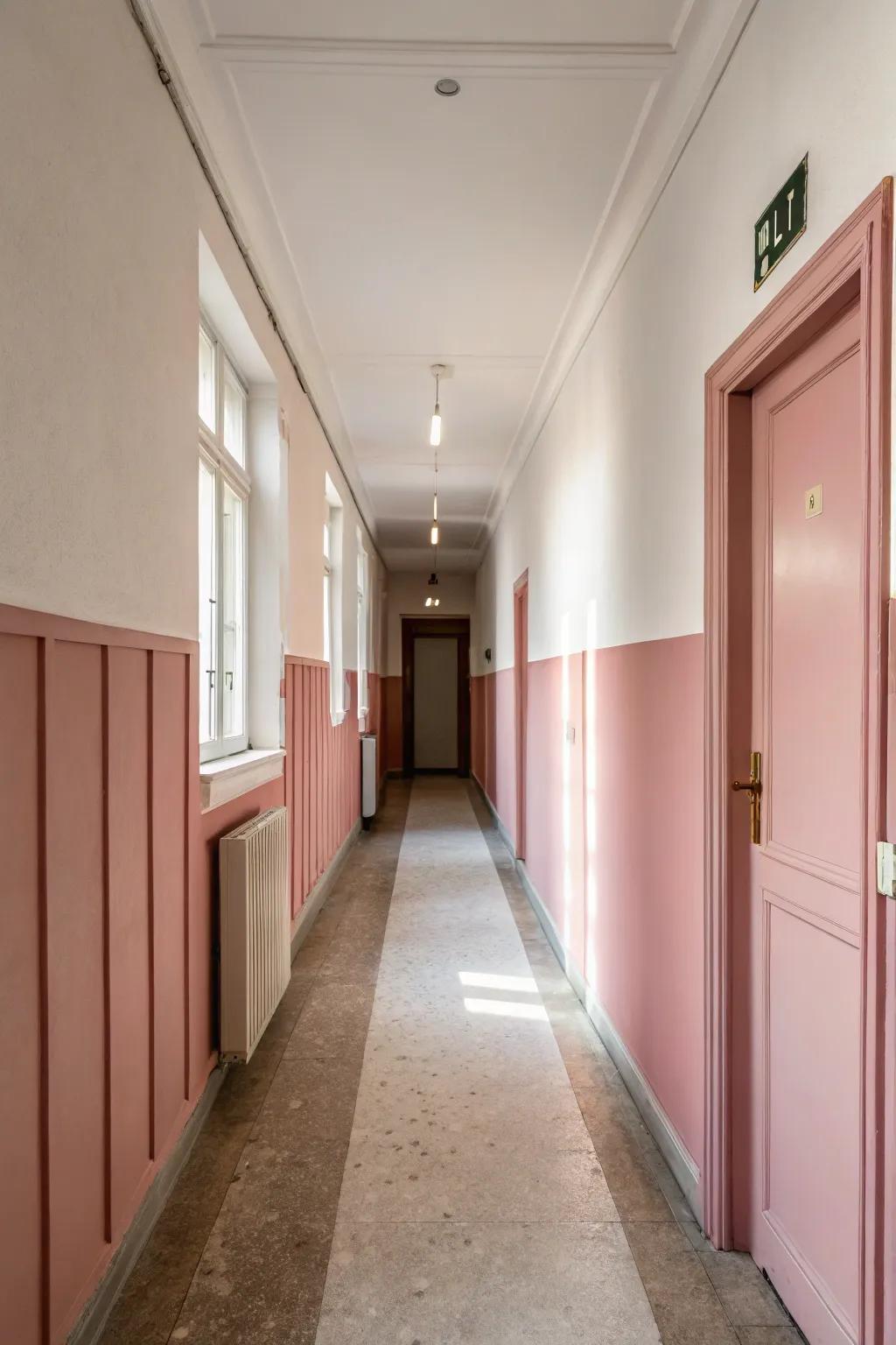 Partially coated walls offer a contemporary and lively aesthetic.