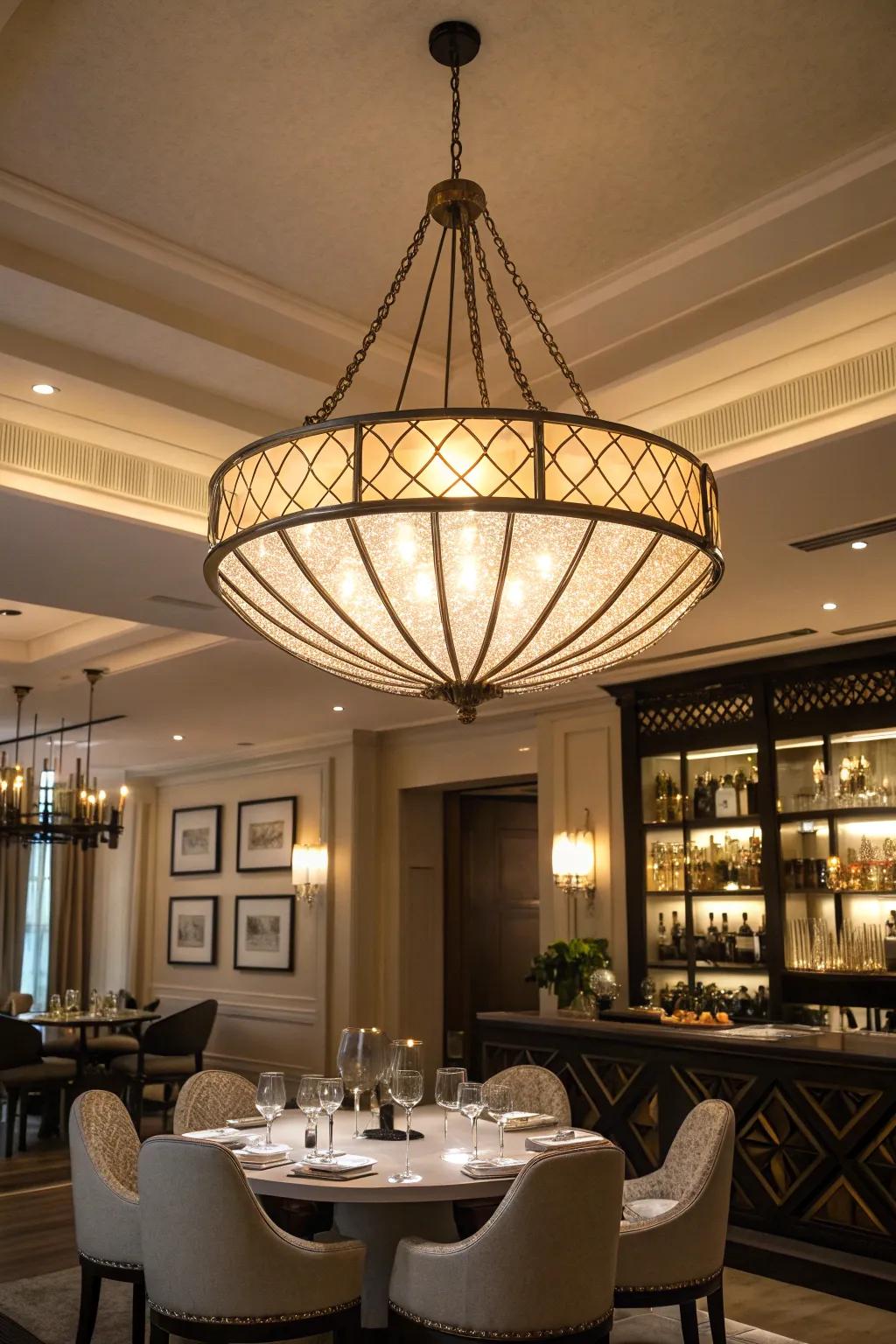 A room that is improved by the use of a statement light fixture that draws attention.