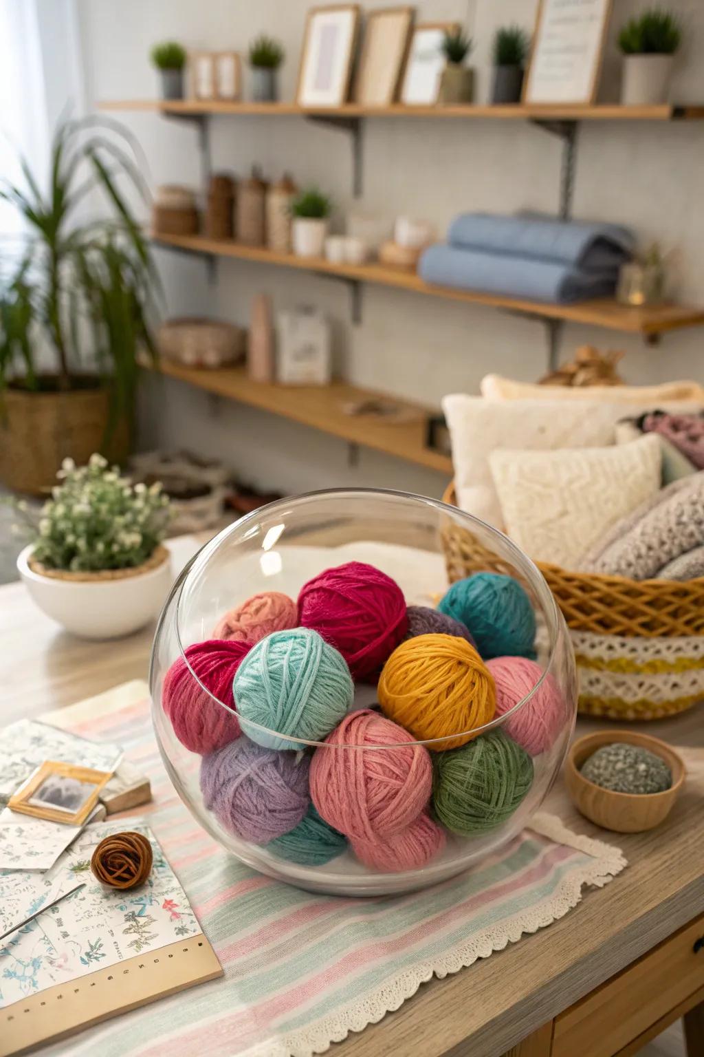 Yarn balls within a clear bowl fashion a snug and welcoming atmosphere.