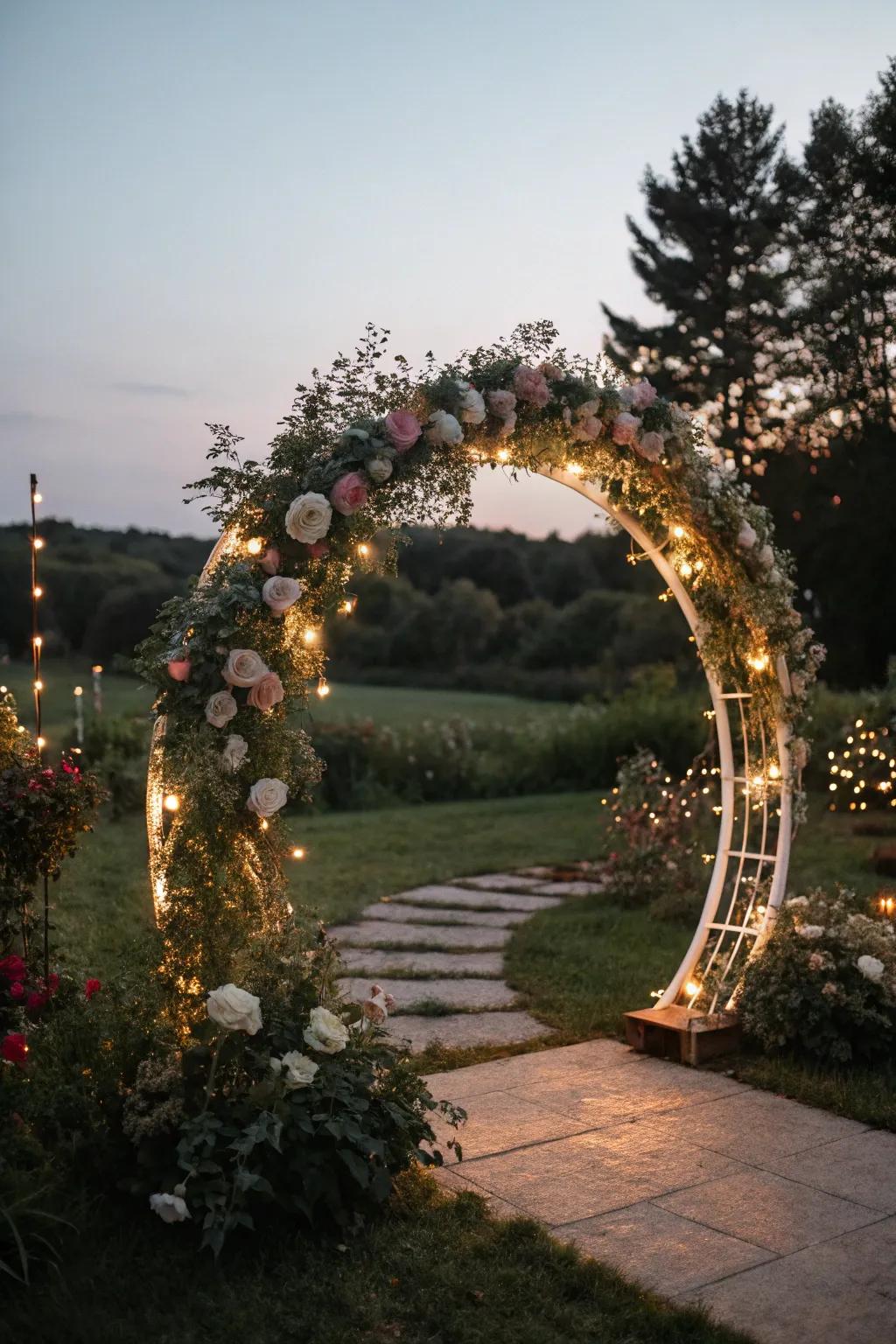 An enchanted tale circular wedding arch with captivating lights.