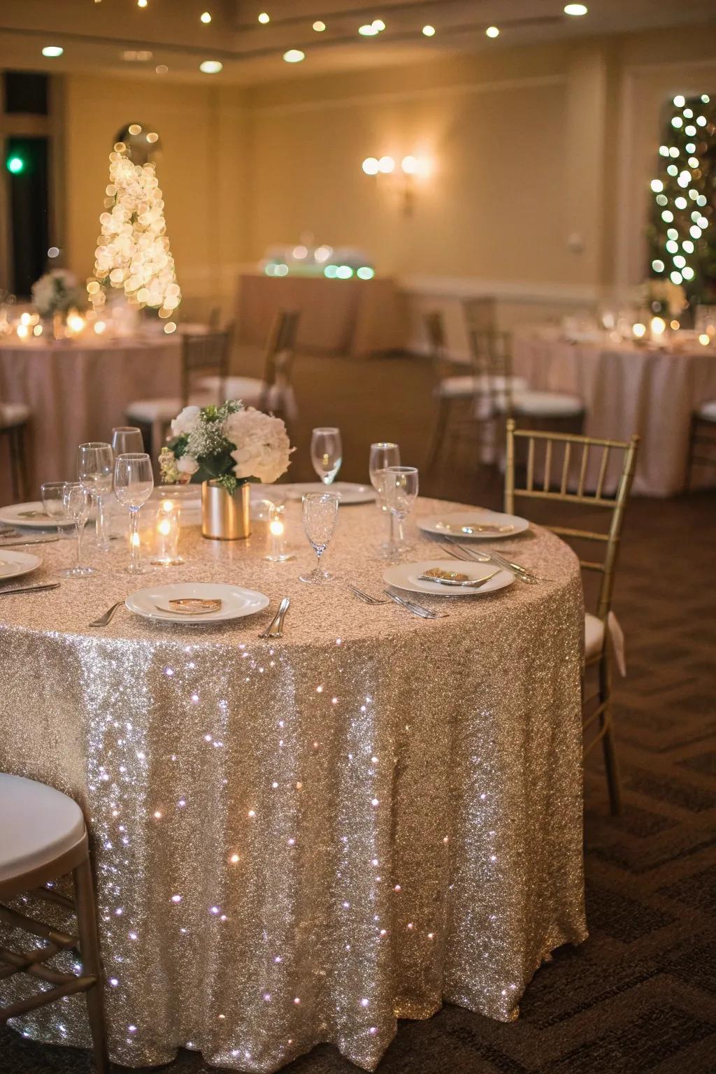 Sequined table covering adding sparkle to a festive wedding.