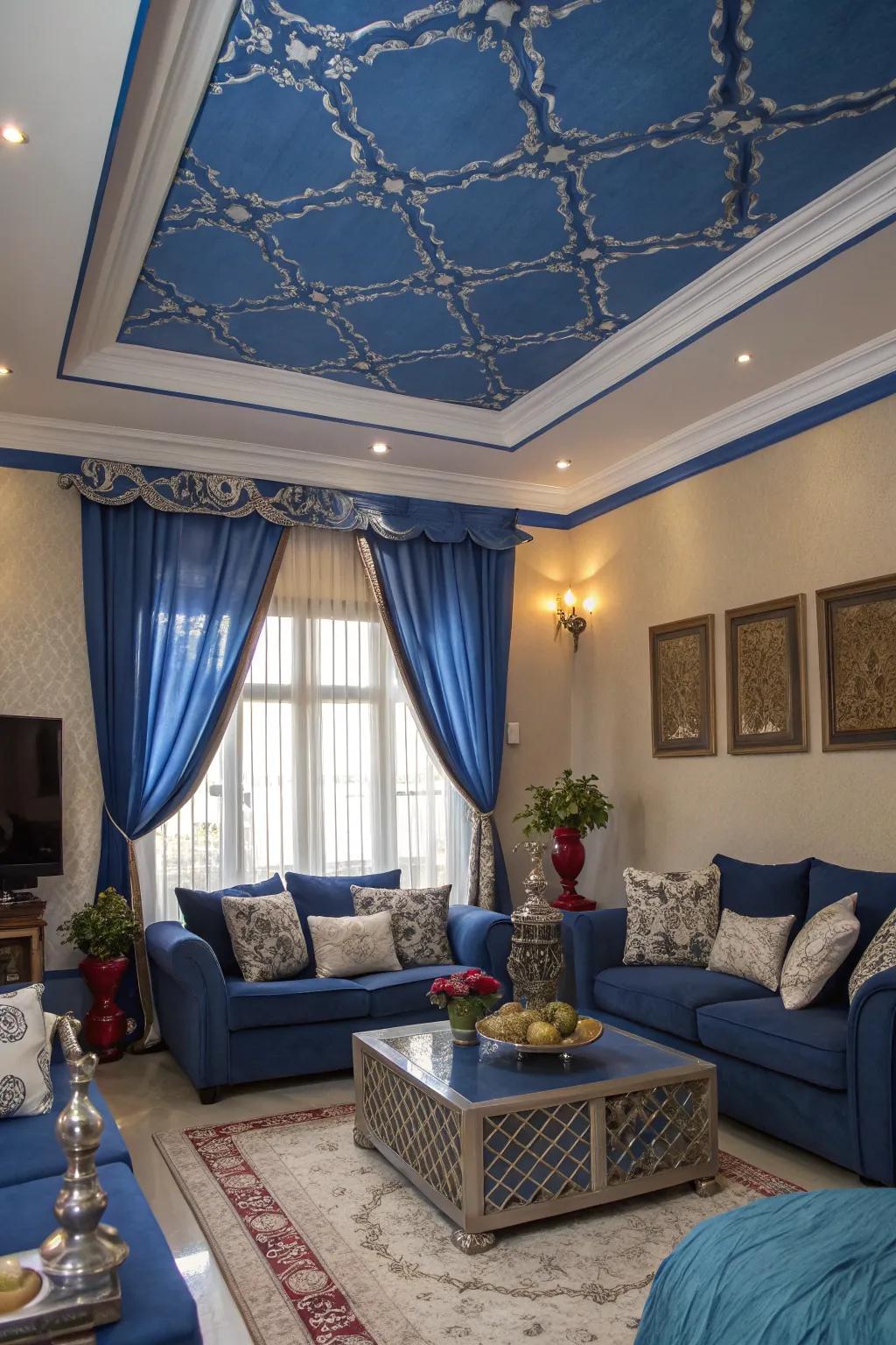 A royal blue ceiling creates a dramatic and enveloping atmosphere.