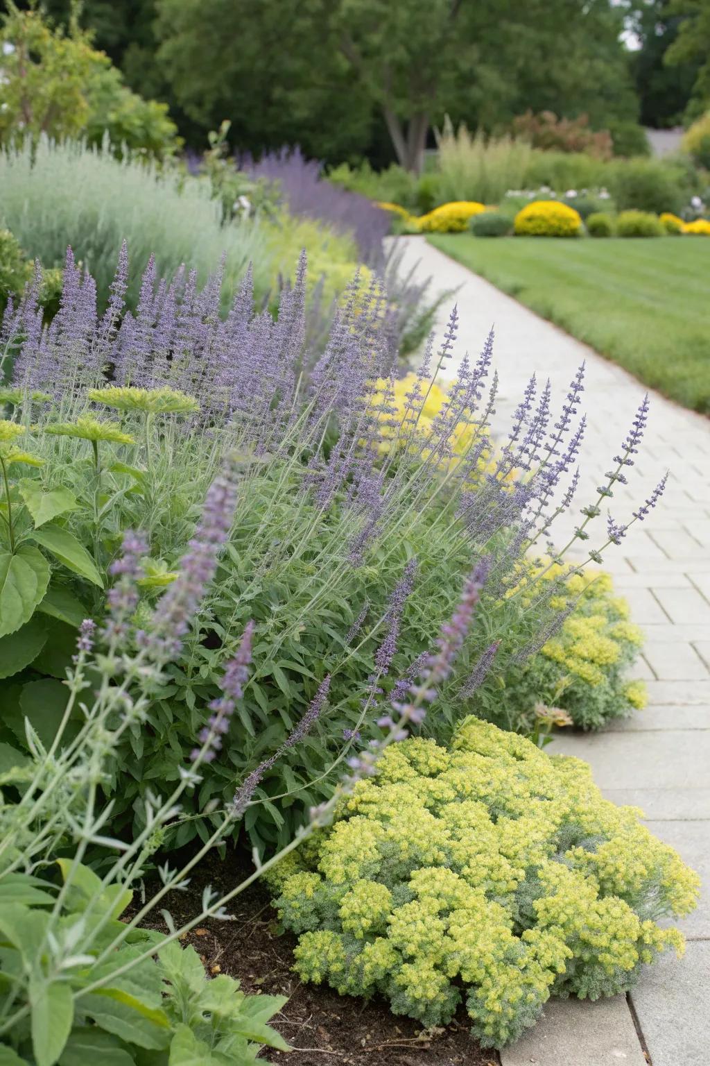 A surprising garden pairing with Azure Beauty and sedum.
