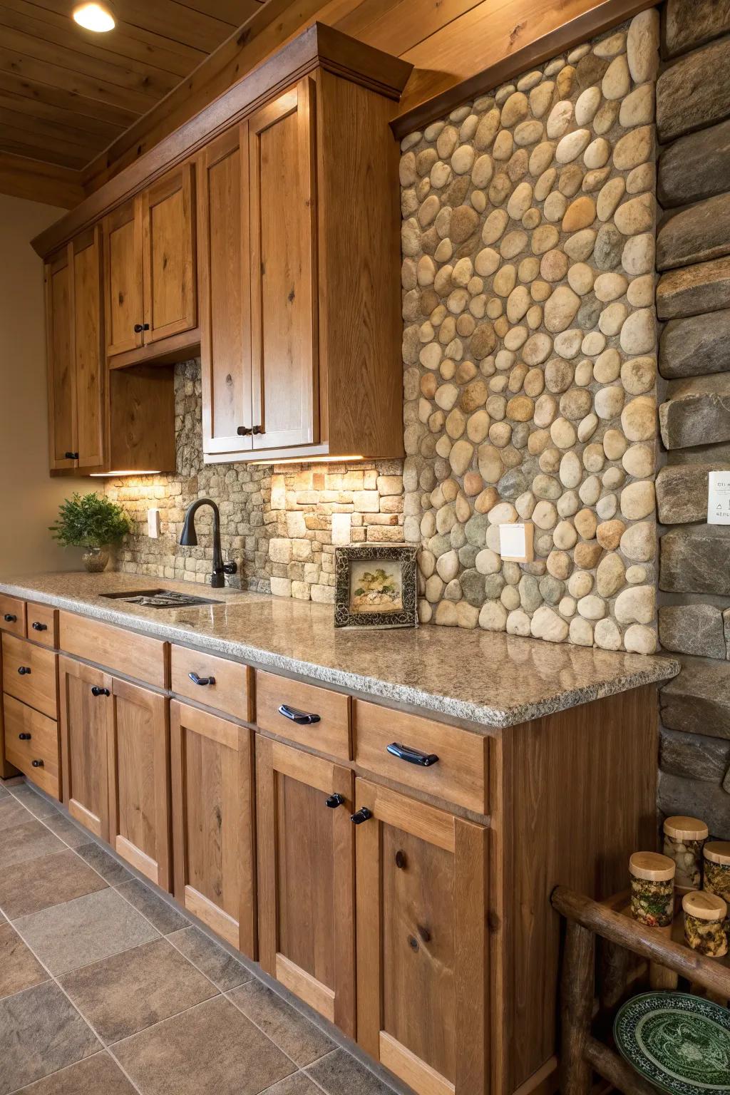 A pebble mosaic backsplash adds a natural, artistic touch.