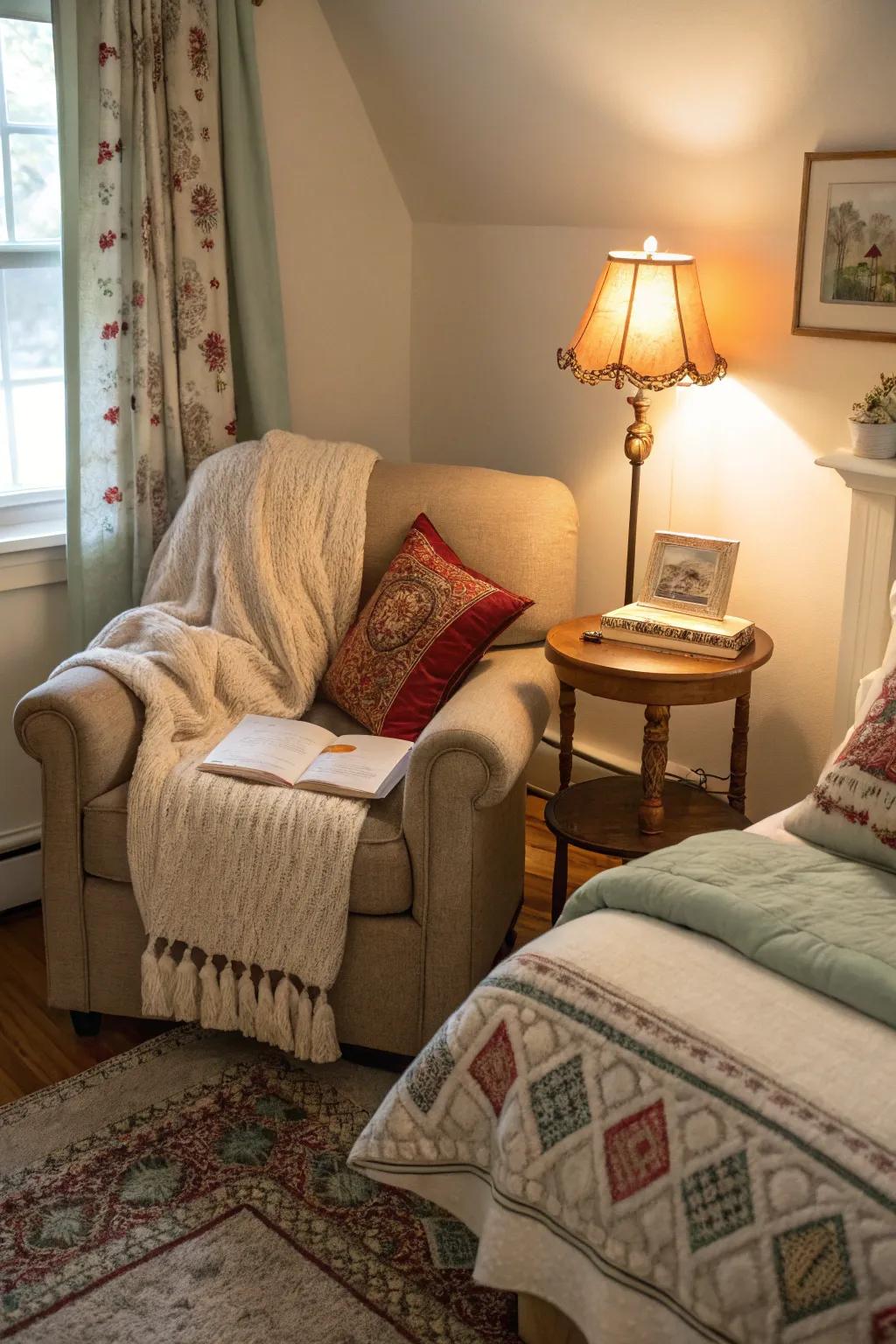 A cozy corner adds a relaxing spot in this countryside bedroom.