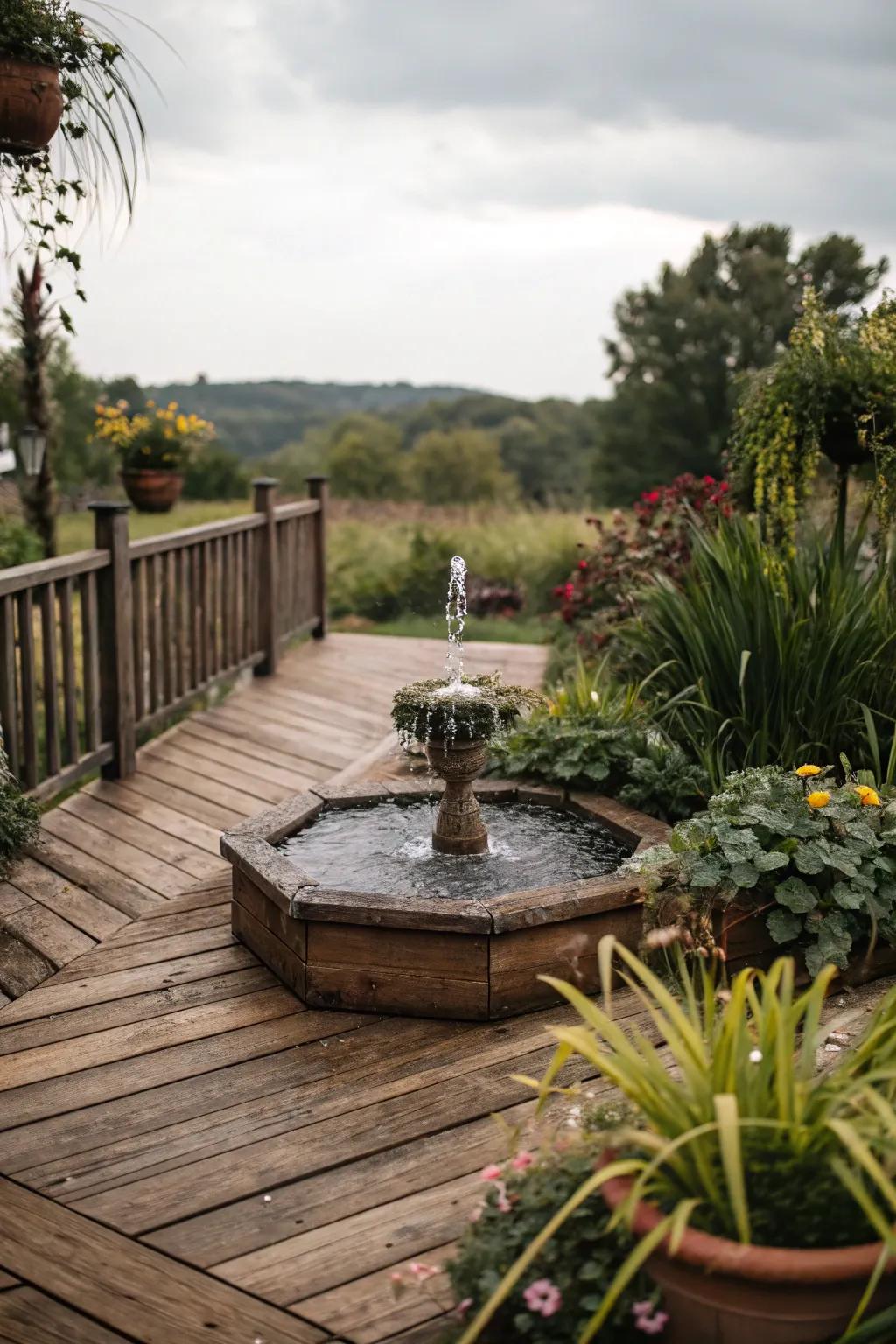 A water feature adds tranquility and charm to this deck.