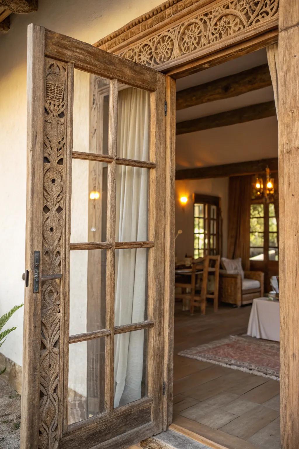 A countryside entryway casing exhibiting glass panelings, intensifying innate brightness and texture.