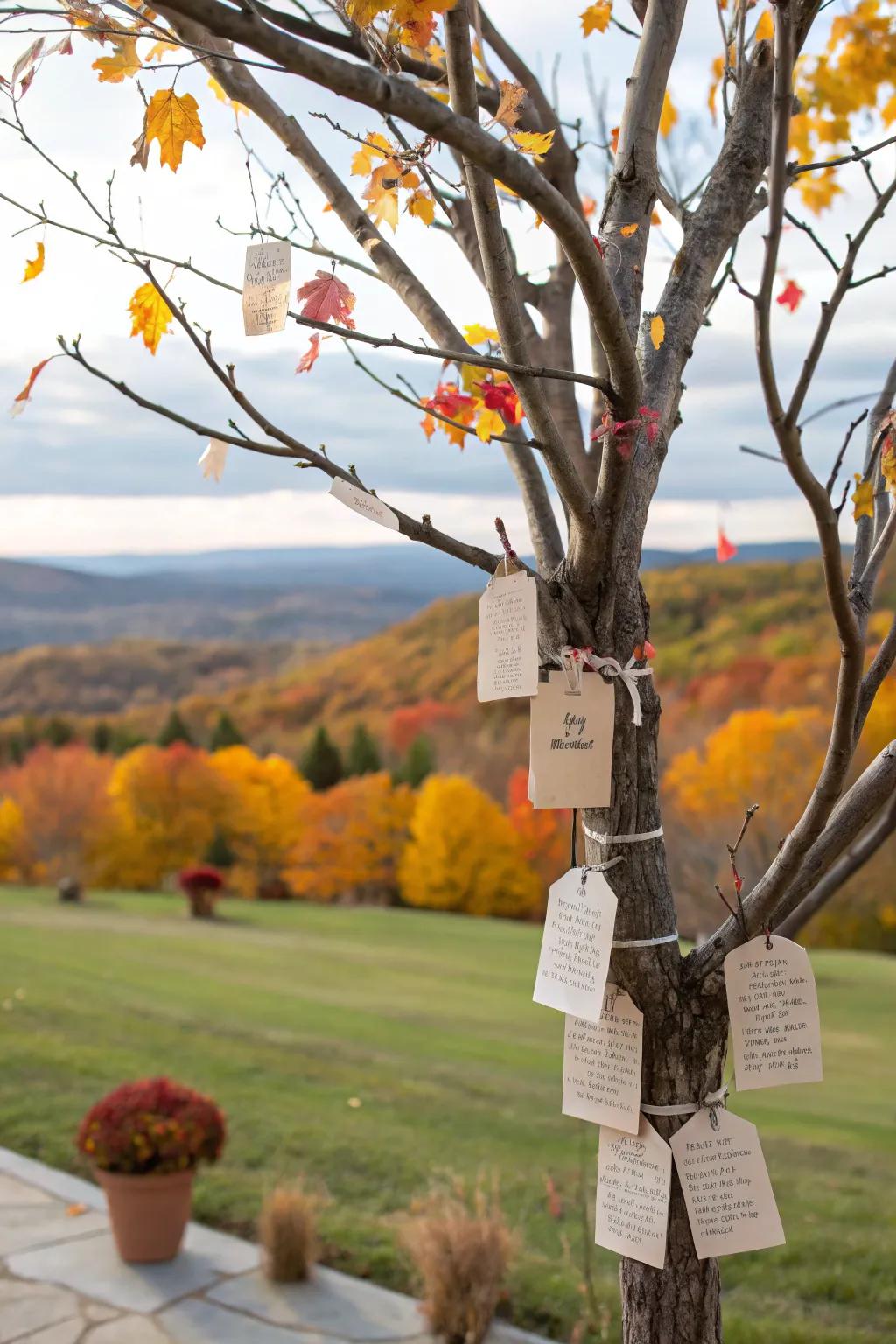 Thankfulness tree for heartwarming messages.
