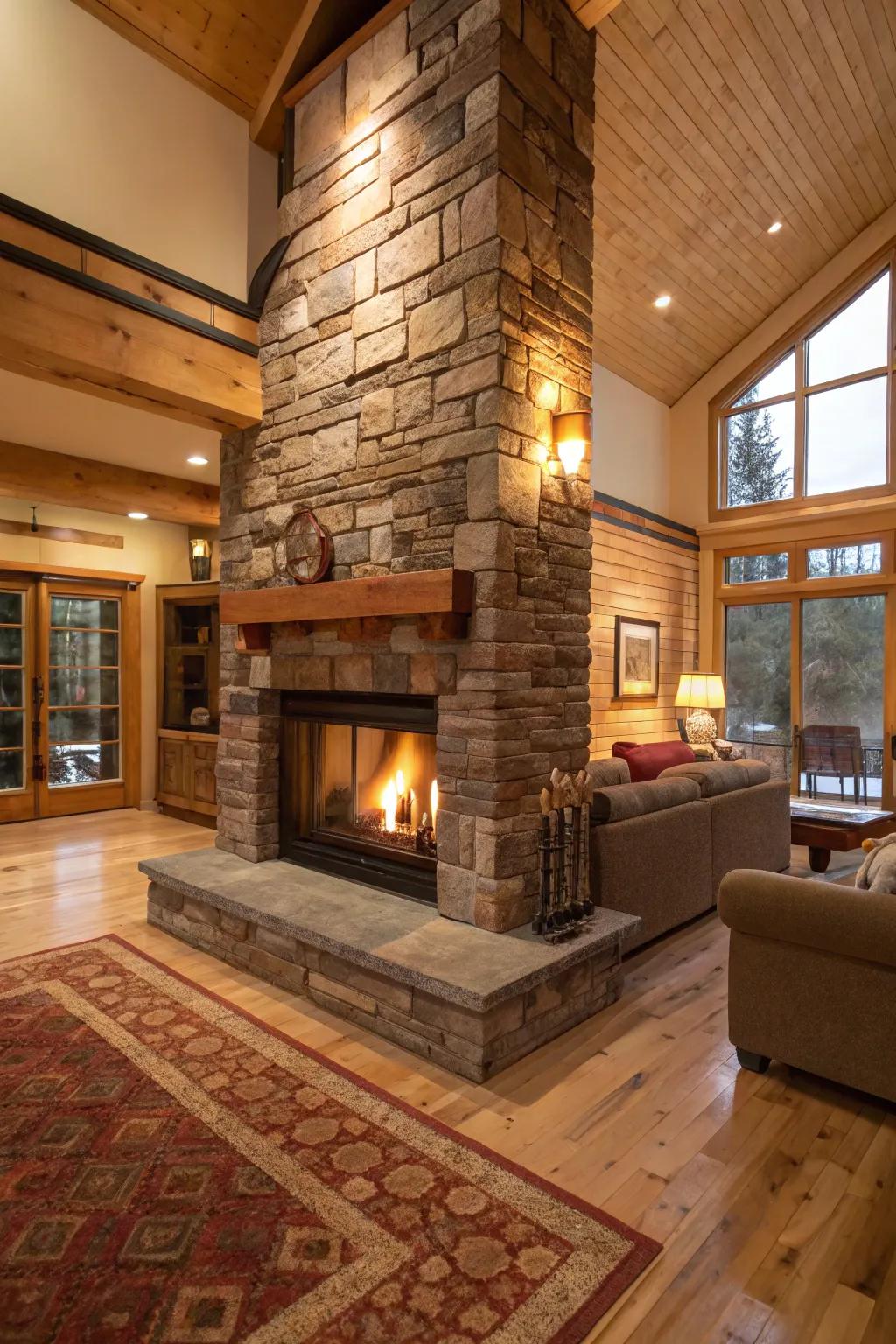 A double-sided fireplace offers warmth and a shared view in this open space.