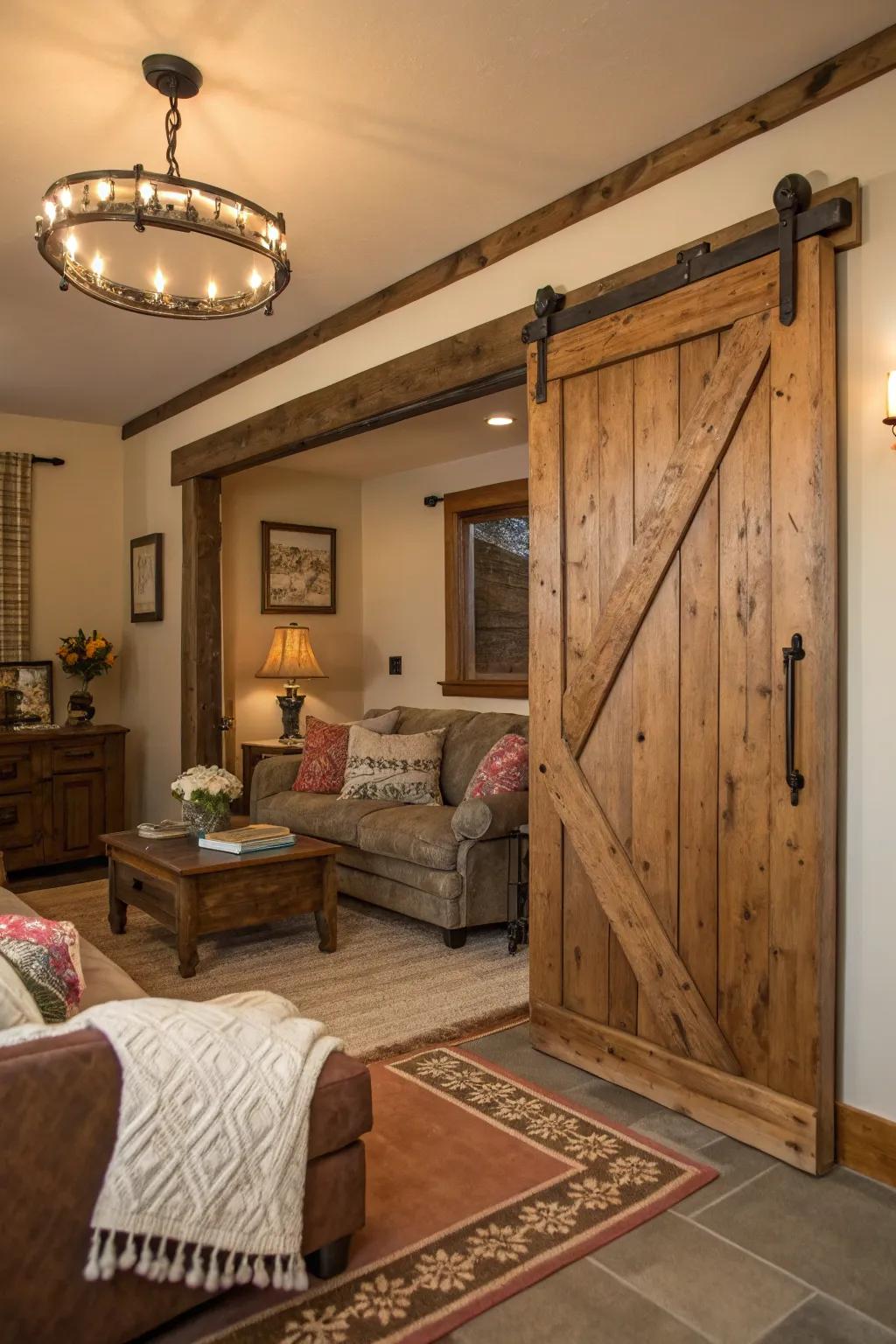 Sliding barn doors offer functional and decorative rustic charm.