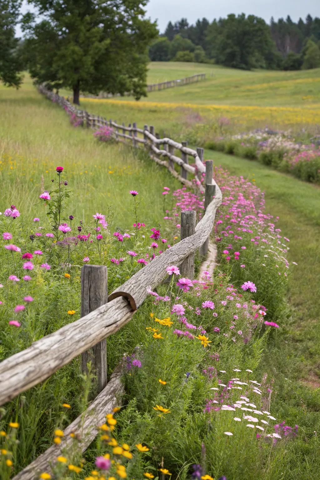 A curvilinear timber boundary courses across a panorama, imparting dynamic movement to the scene.