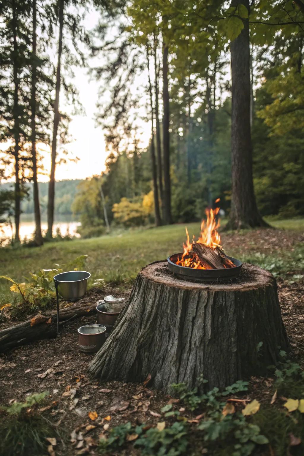 A tree stump base merges nature with rustic style.