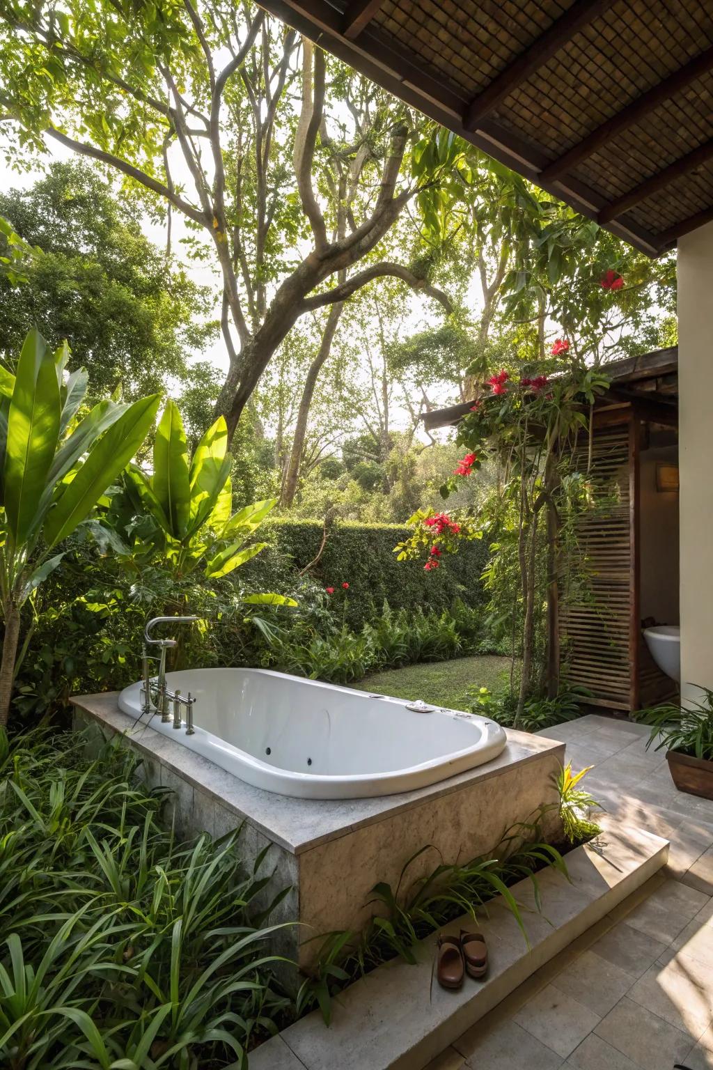 A sunken tub creates a luxurious, immersive experience.