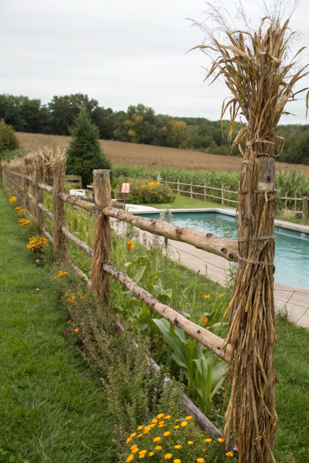 Cornstalk fencing adding a farm-like charm to the pool area.