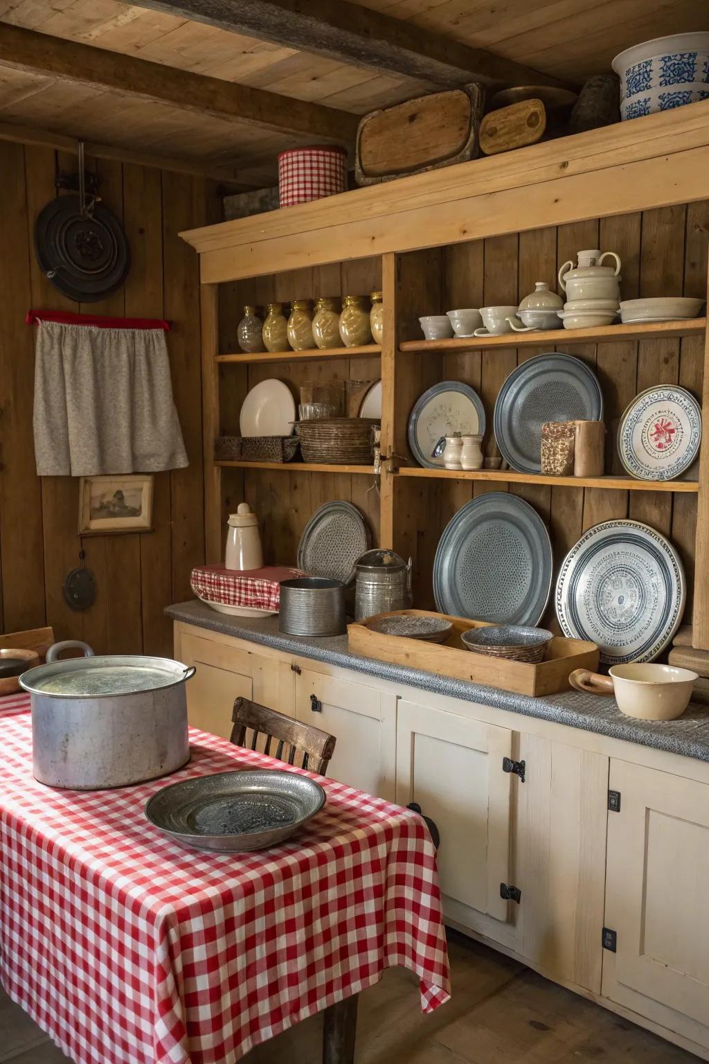 Classic elements like enamelware add charm and utility.