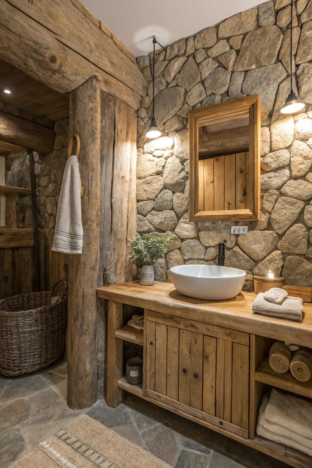 A rock accent wall adds texture and depth to the space.