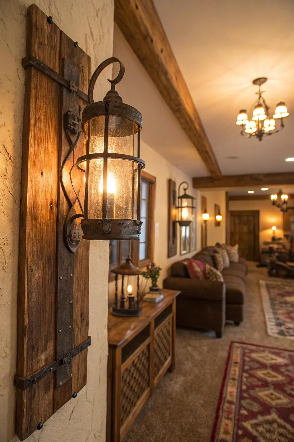 Country wall lights enrich a snug room setting with warmth and ambiance.