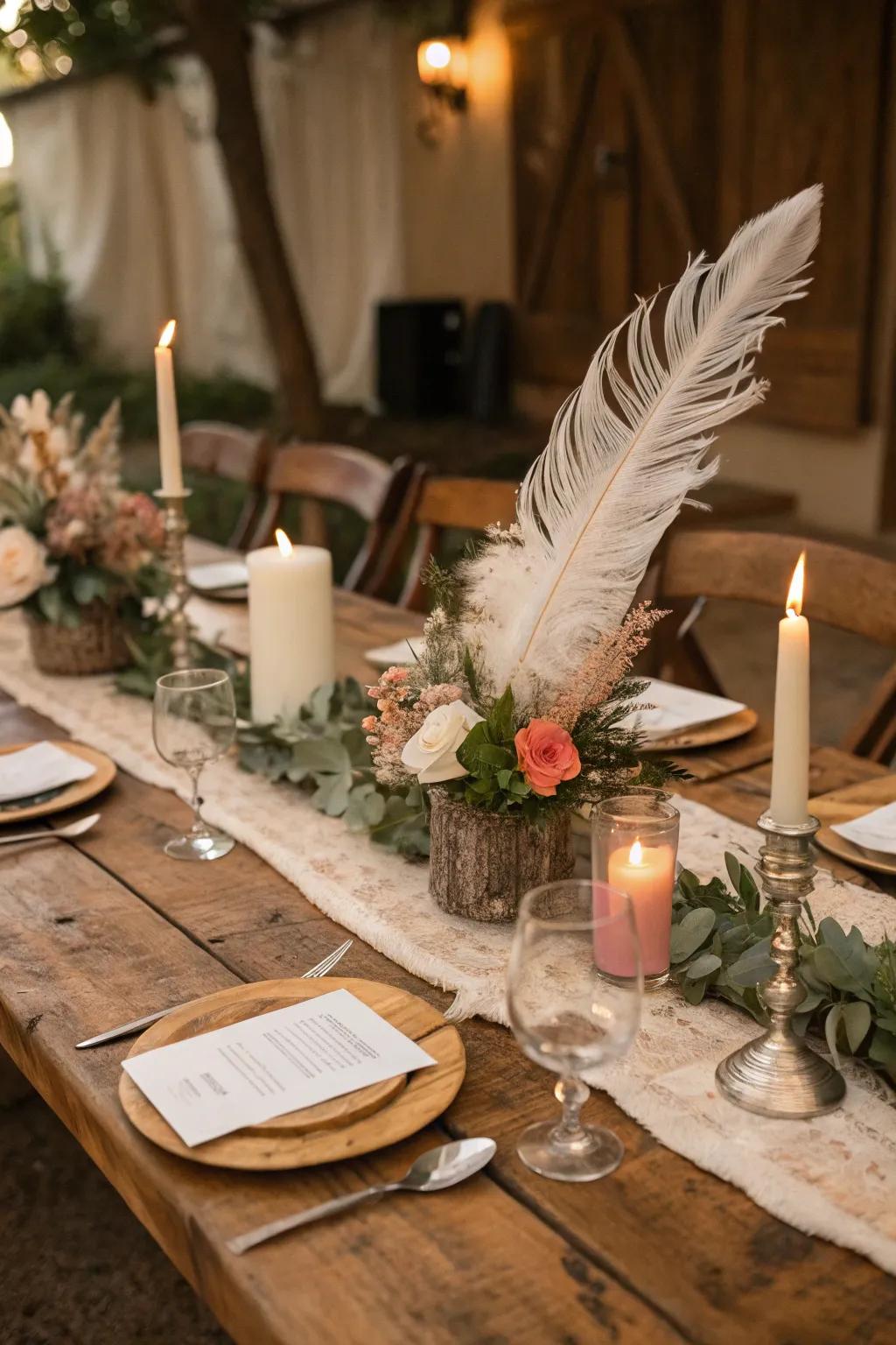 Down accents contributing a fanciful texture to the countryside table.