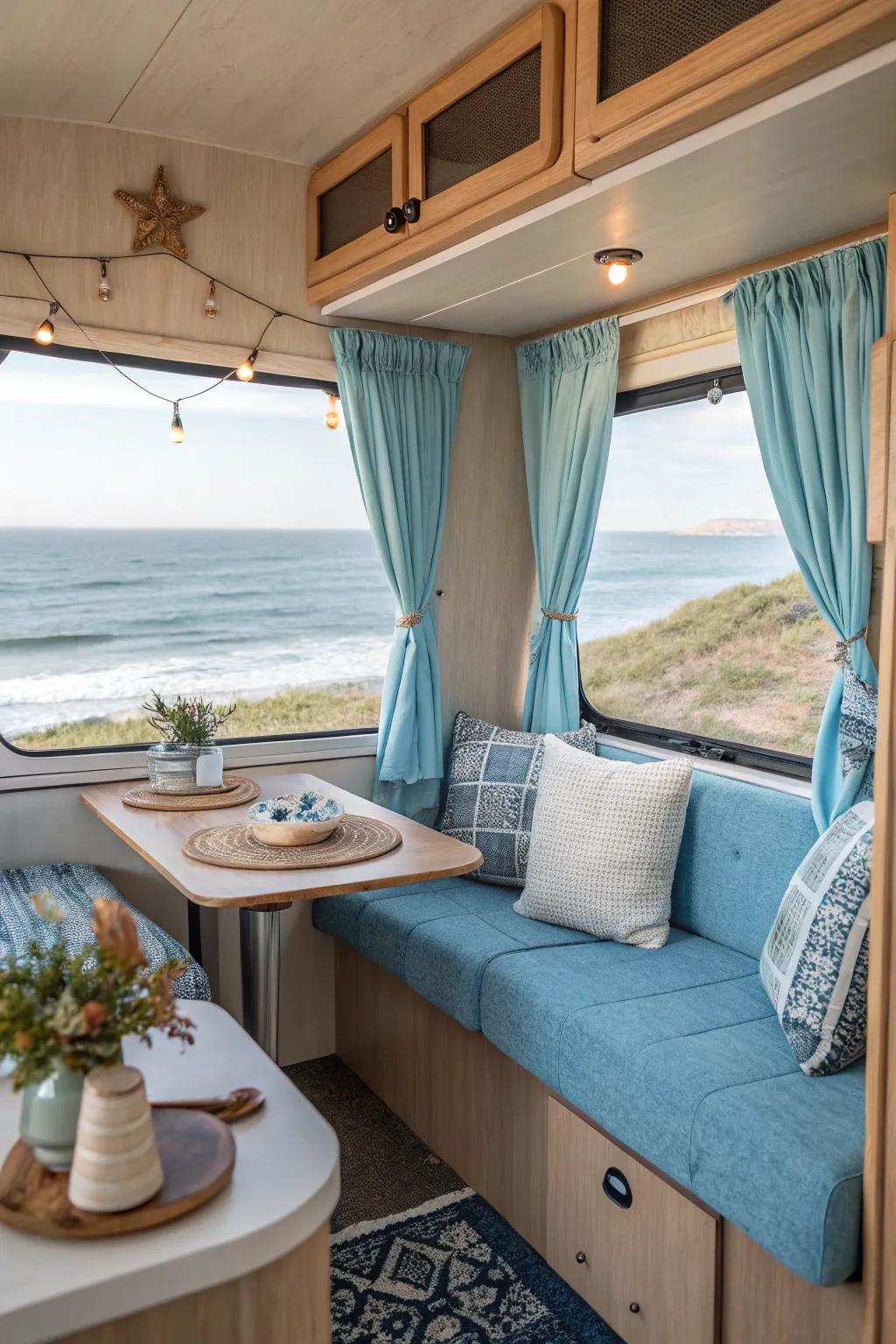 A coastal color scheme introduces a refreshing, relaxing vibe to this RV.