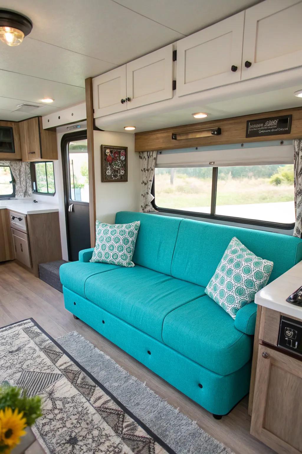 Brightly-colored couches add personality to your RV.