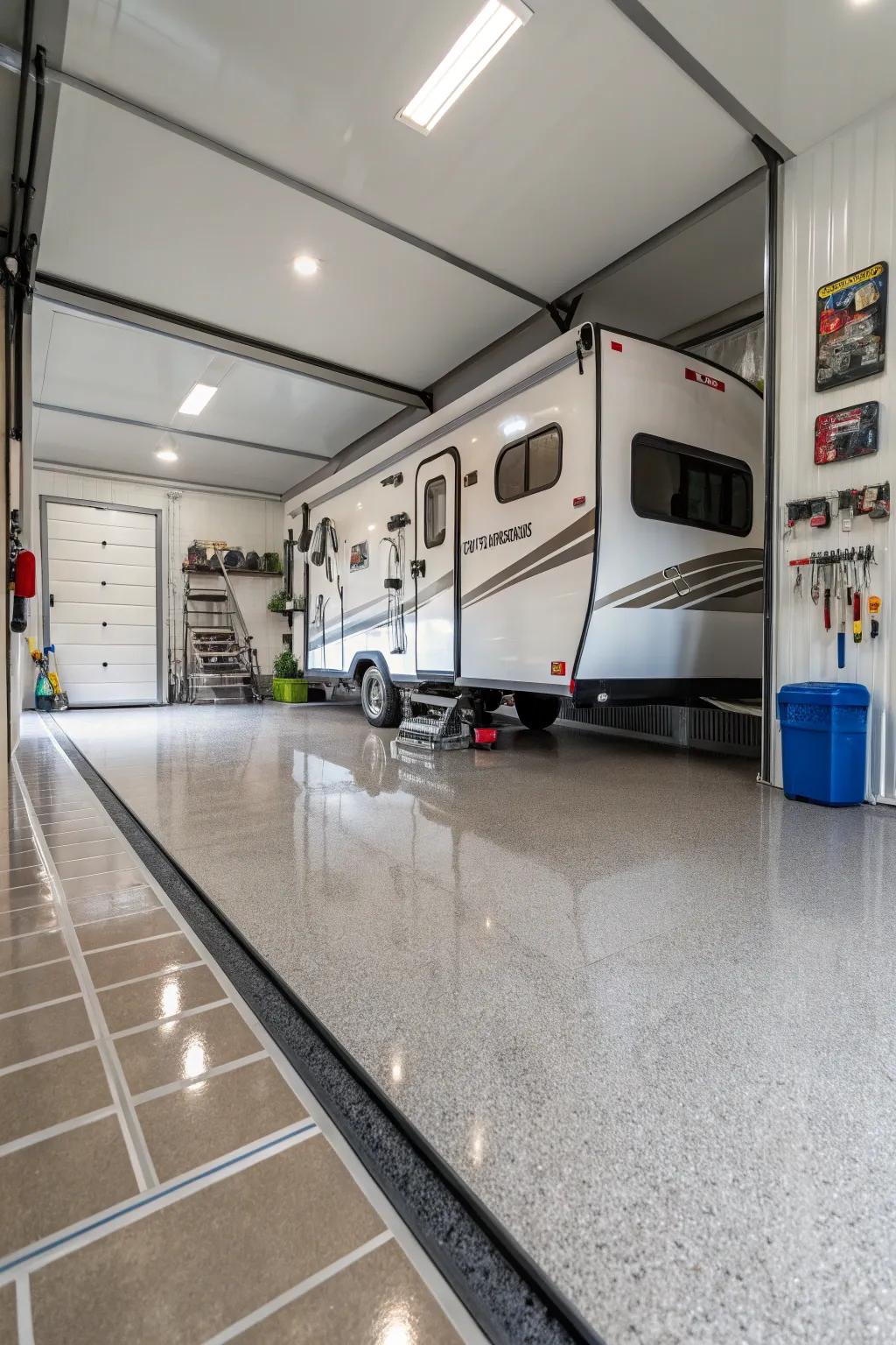 Durable epoxy flooring in an RV garage for a clean and polished finish.