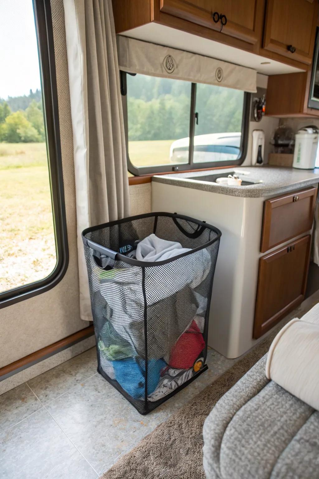 A mesh hamper promoting airflow and freshness in the RV.