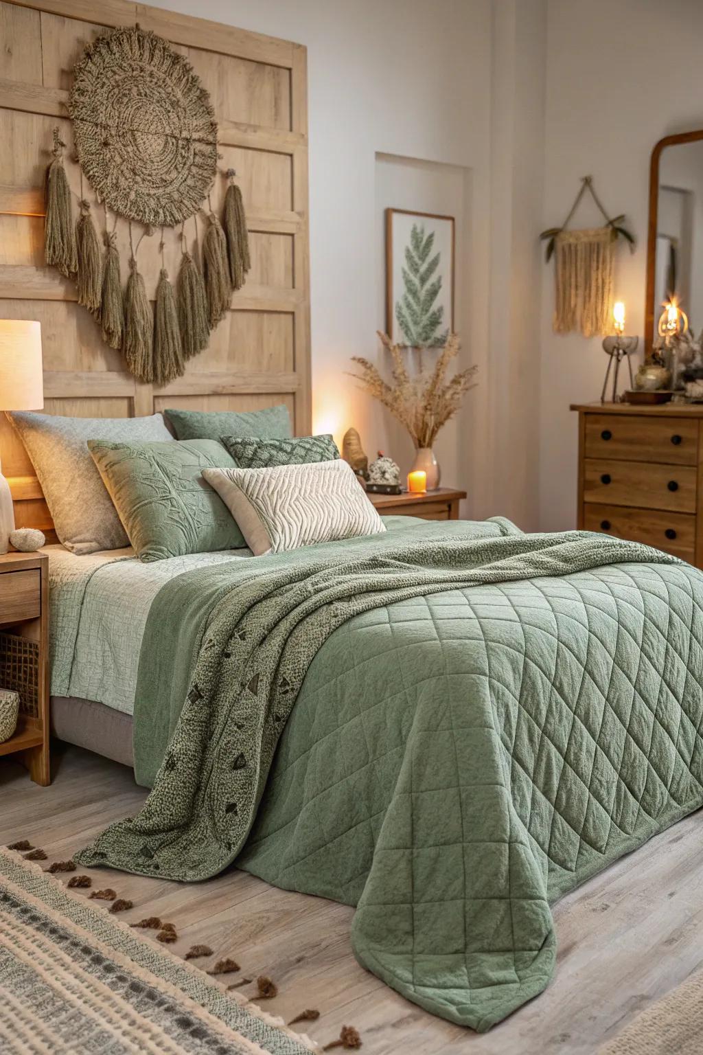 Layered textures in soft green fashion a rich, inviting atmosphere in your sleeping quarters.