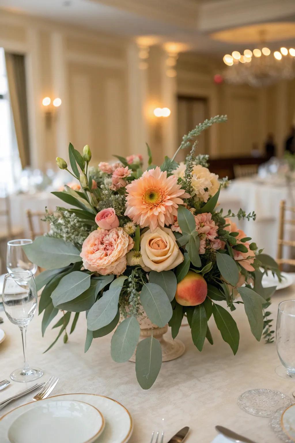 A crisp and delightful centerpiece with peach and sage green.