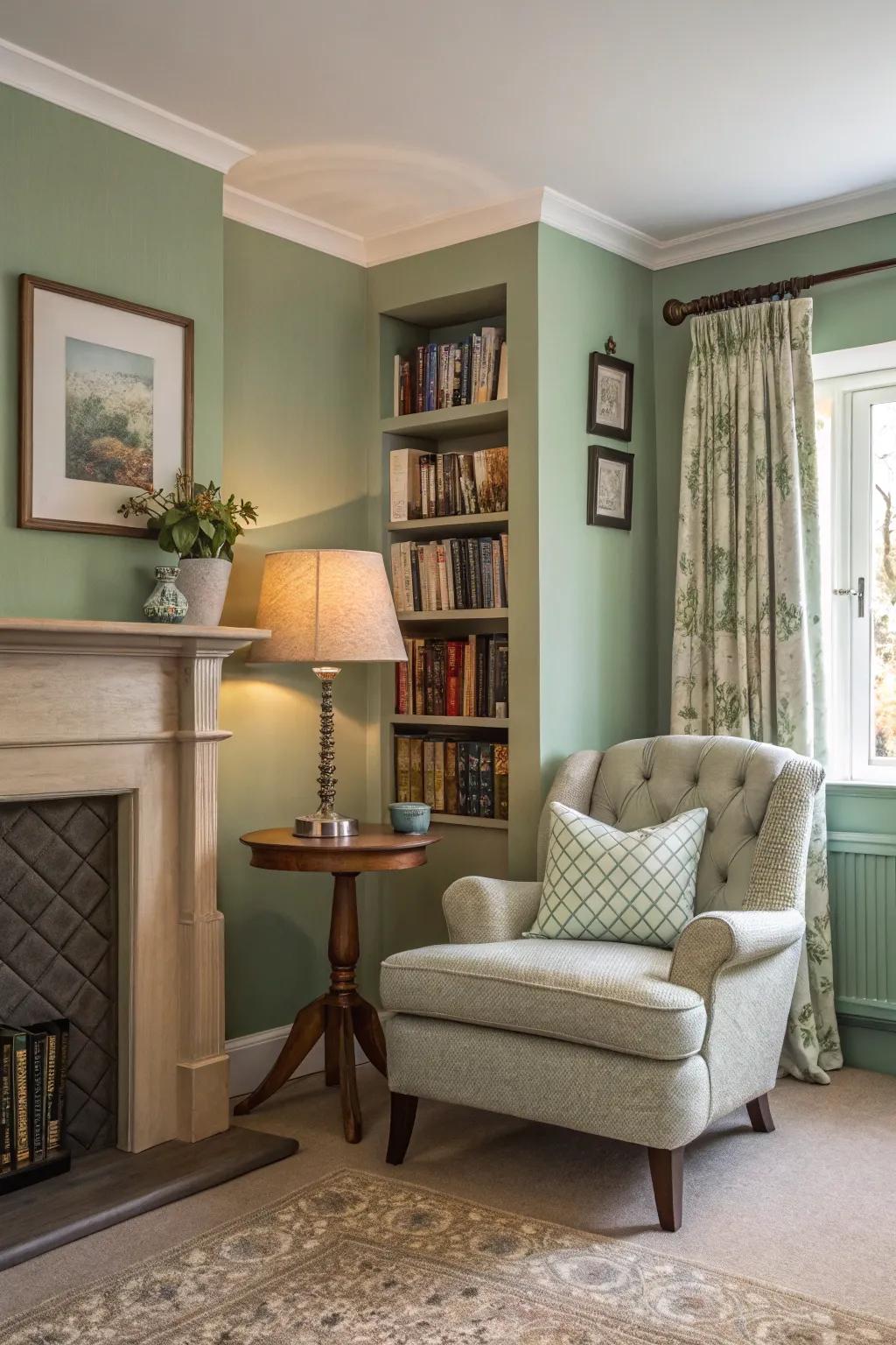 A reading nook provides a personal retreat within a sage green space.