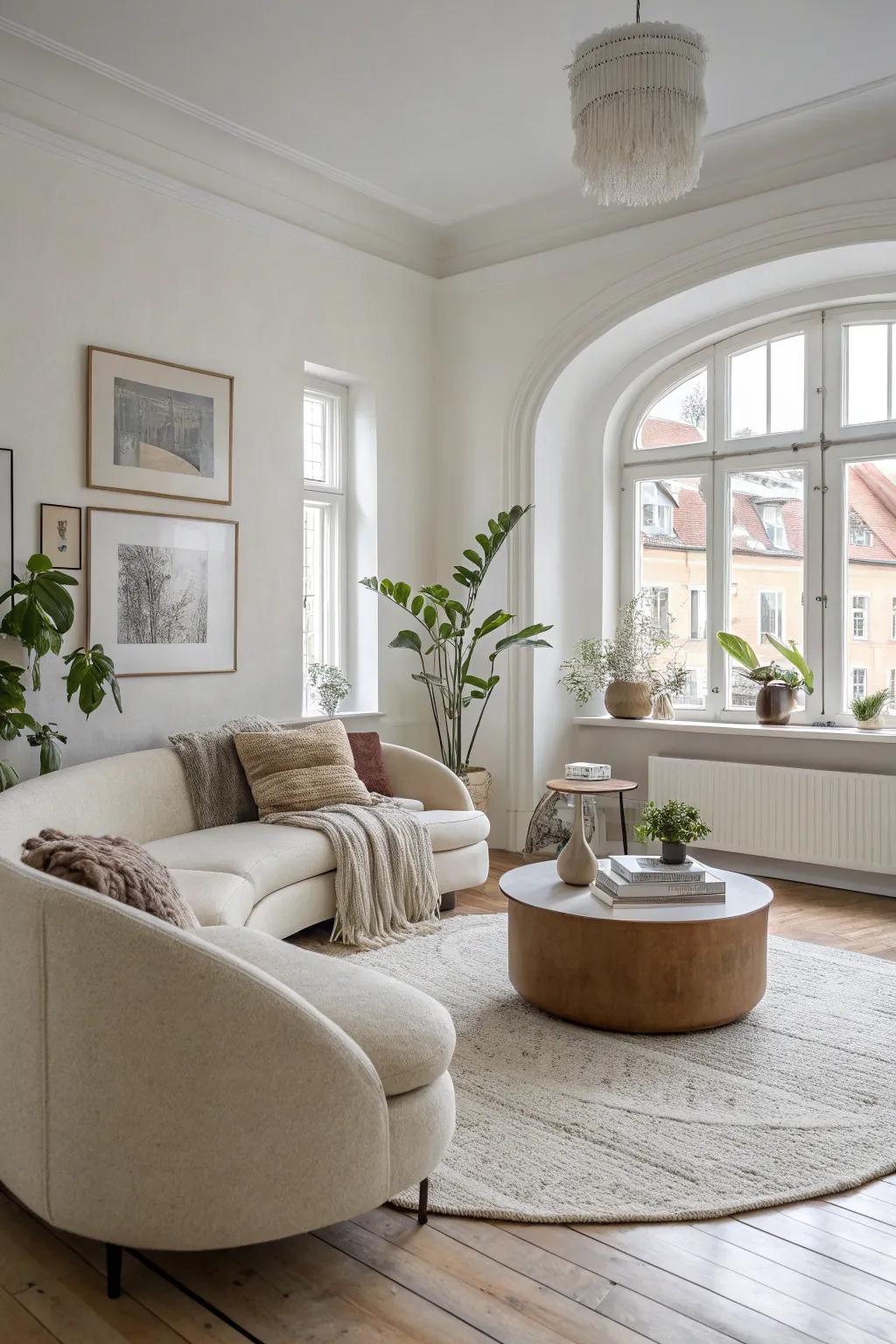 Curved silhouettes bring elegance and softness to the Scandinavian living room.