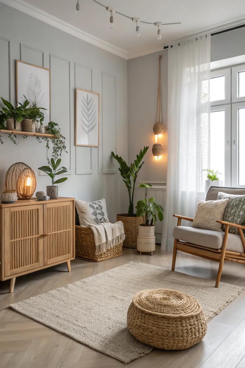 Pops of color match the neutral palette in this Scandinavian room.