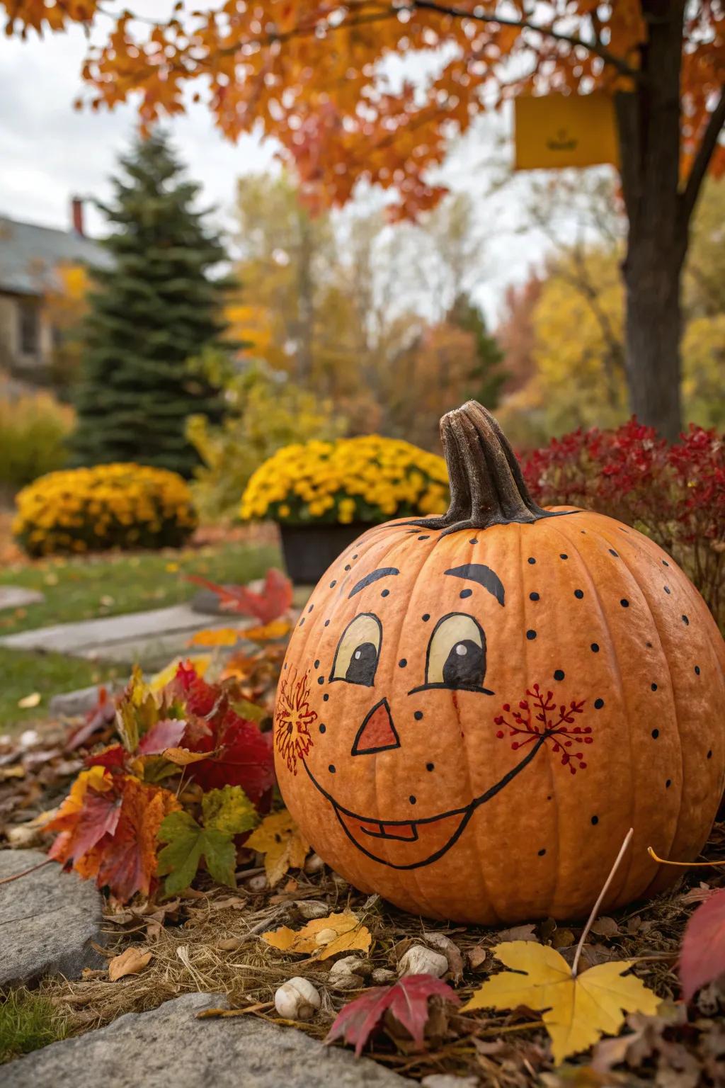 Spots append a delightful touch to this scarecrow pumpkin.