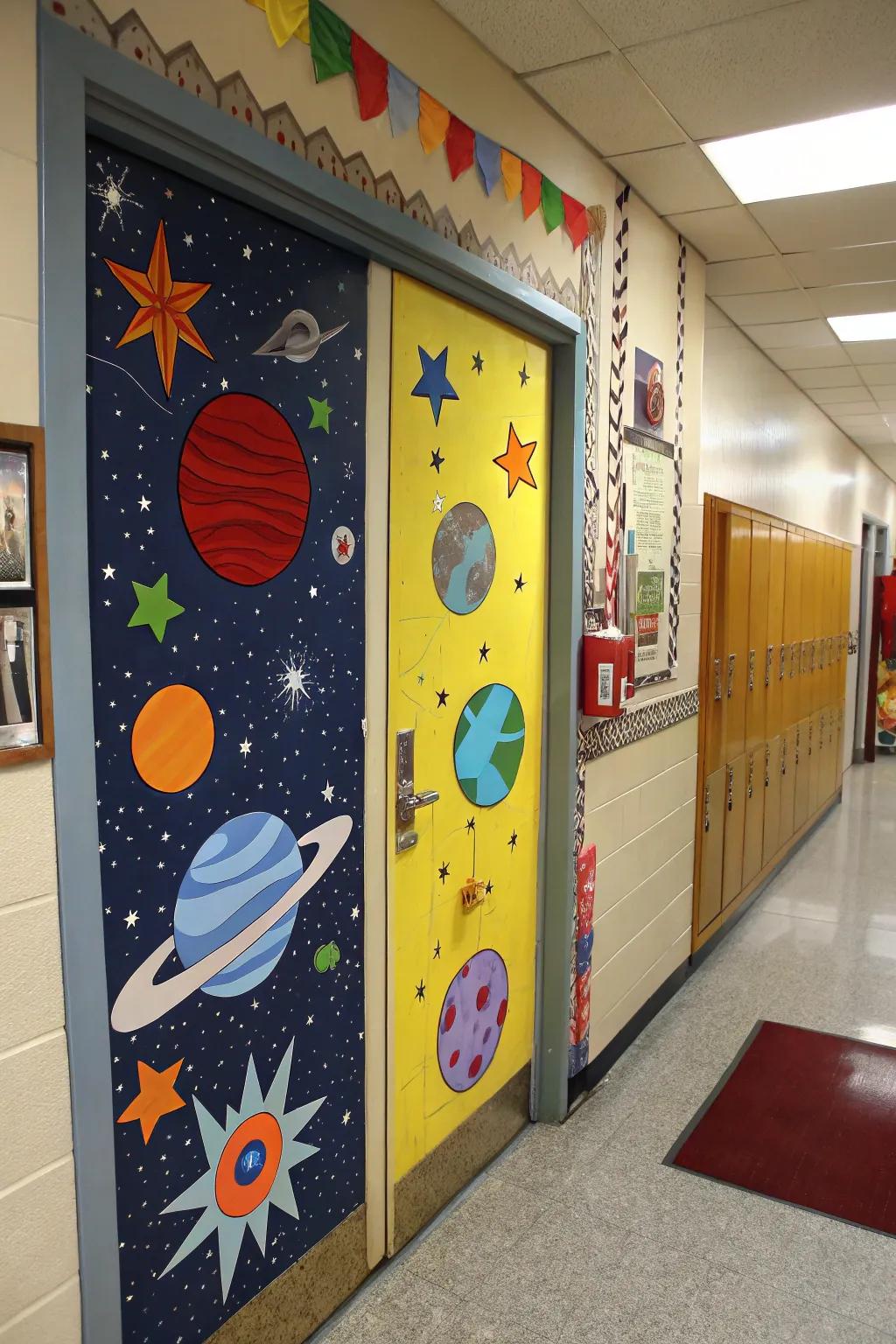 A cosmic space exploration theme on a school door.