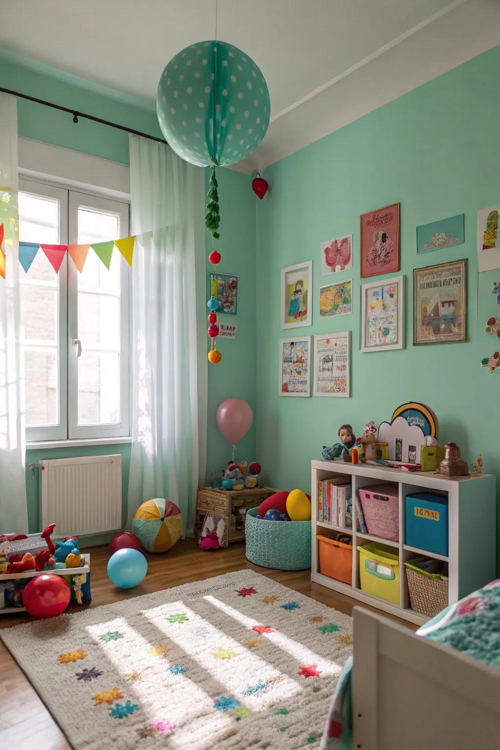 A playful and calming children's room featuring seafoam green walls.