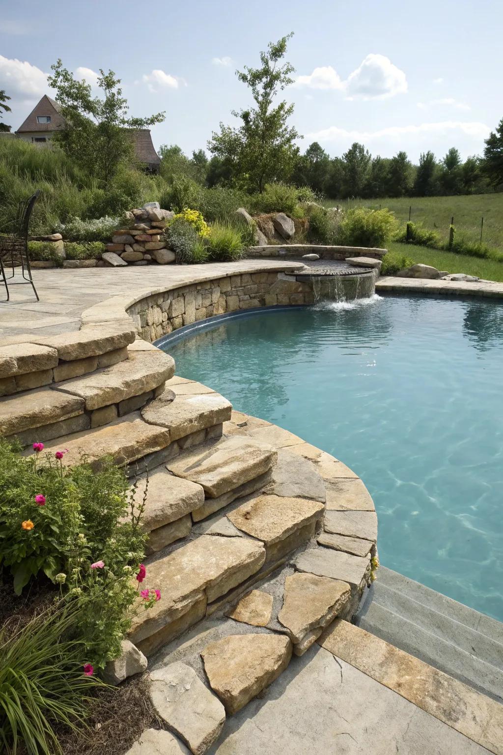 A semi inground pool with elegant natural stone steps for easy entry.