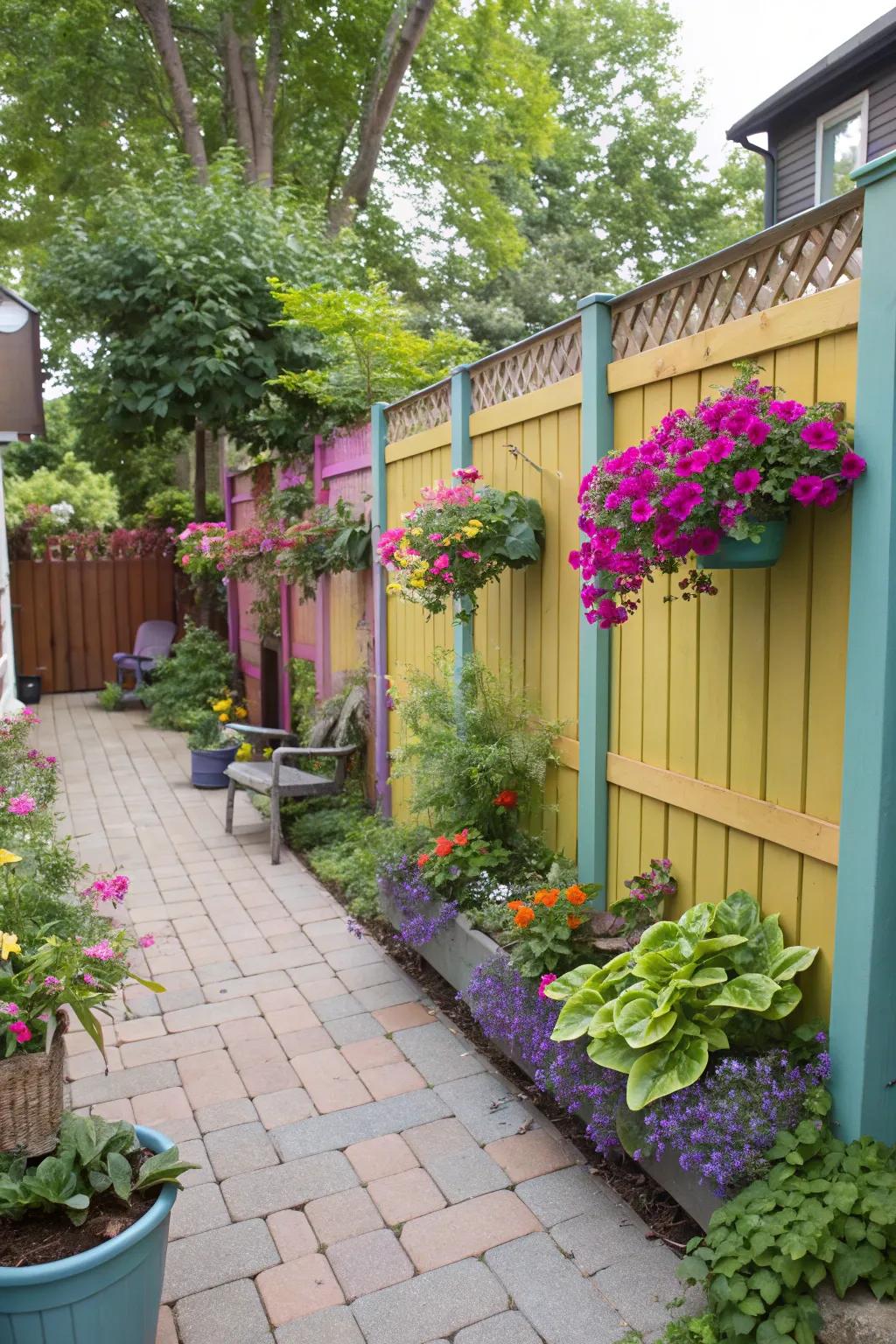 Planters on a fence cultivate a vibrant verdant wall, enhancing seclusion with natural splendor.