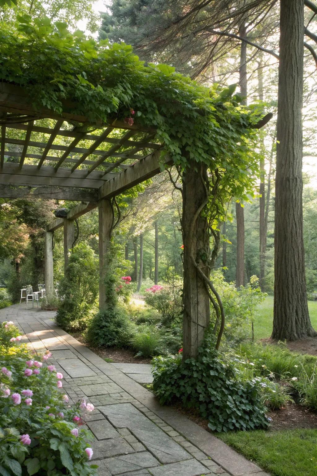 A pergola supplies framework and shadow, improved by creeping plants.