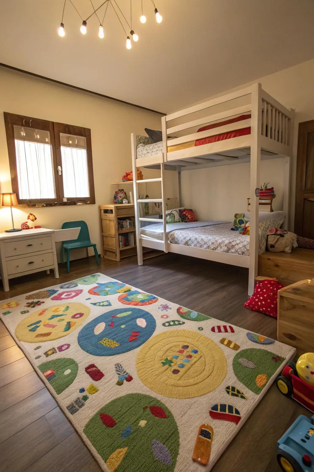 A play area encourages siblings to bond through fun and games.