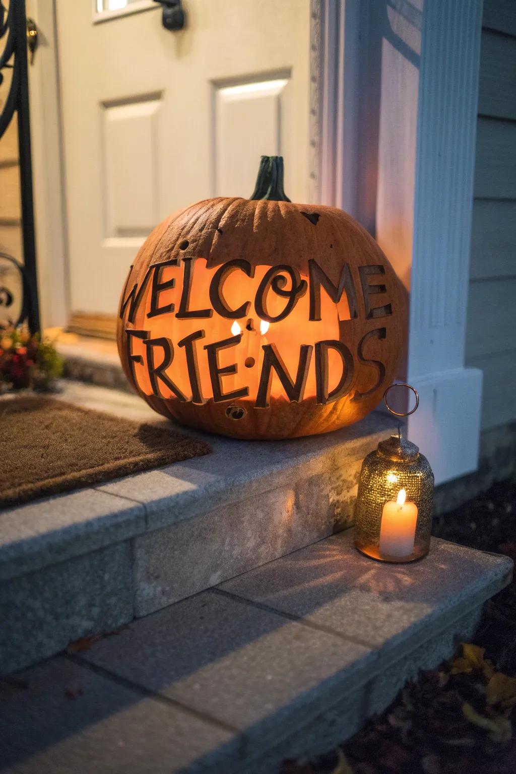 A personalized pumpkin greeting that warmly welcomes visitors.