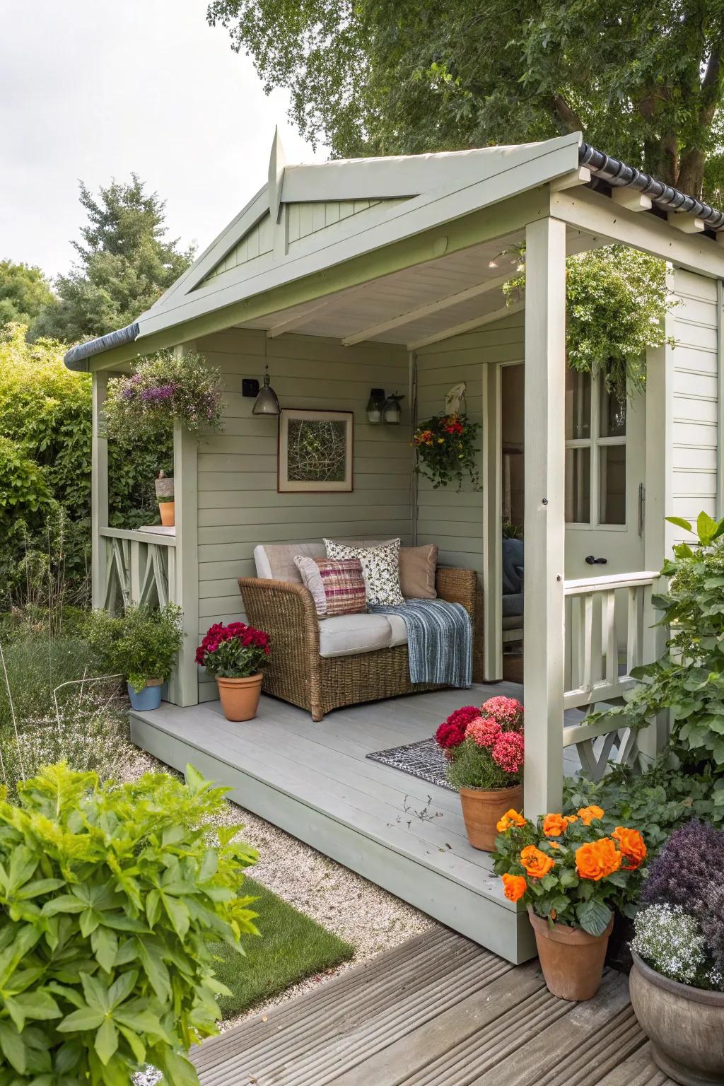 An outdoor shed featuring a trendy and welcoming porch.