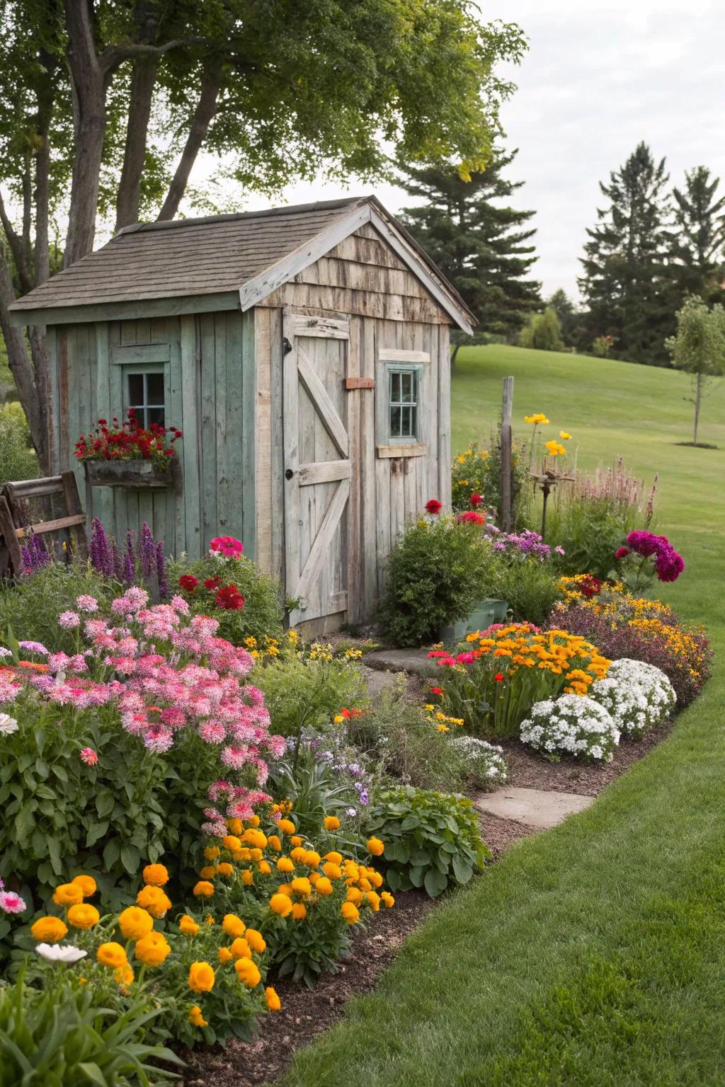 A structure becomes a floral focal point in a colorful garden bed.