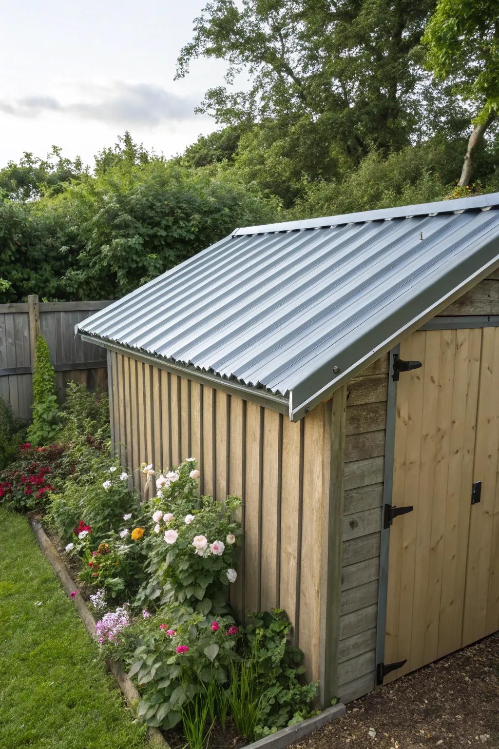 A metal roof enhances the strength and security of a garden shed.
