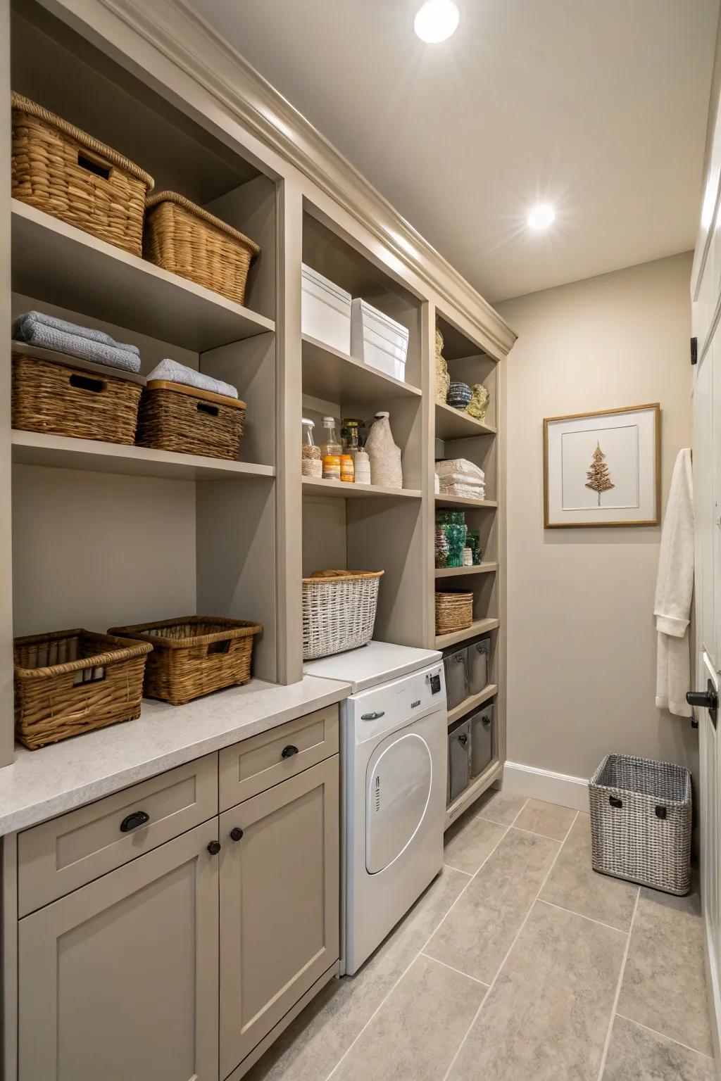 Built-in shelves in a laundry room, providing a seamless and cohesive storage solution.